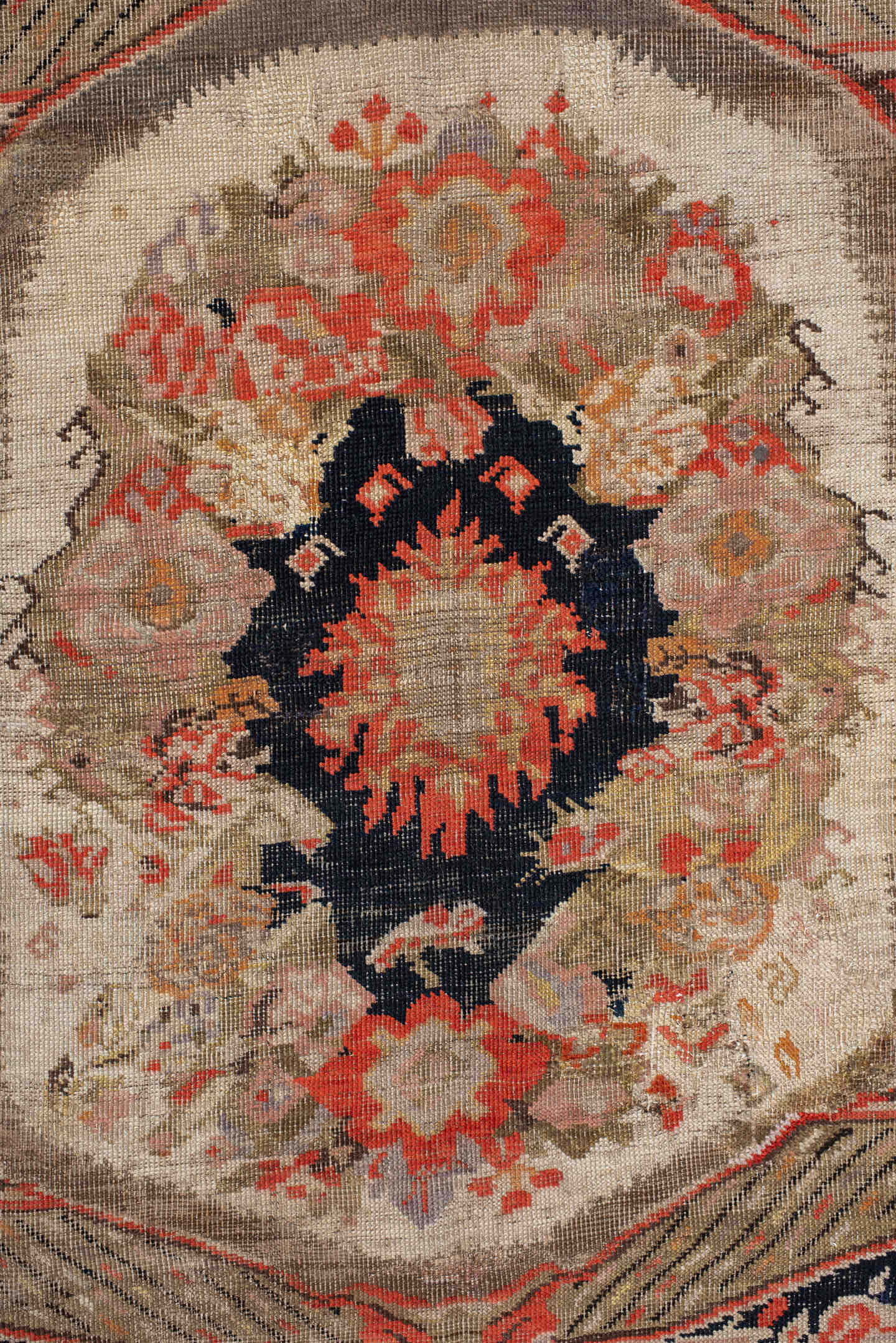 6' x 18' one-of-a-kind handmade vintage Karabagh rug. Color palette: ivory, charcoal, coral, rust, taupe, rose, cream, gray