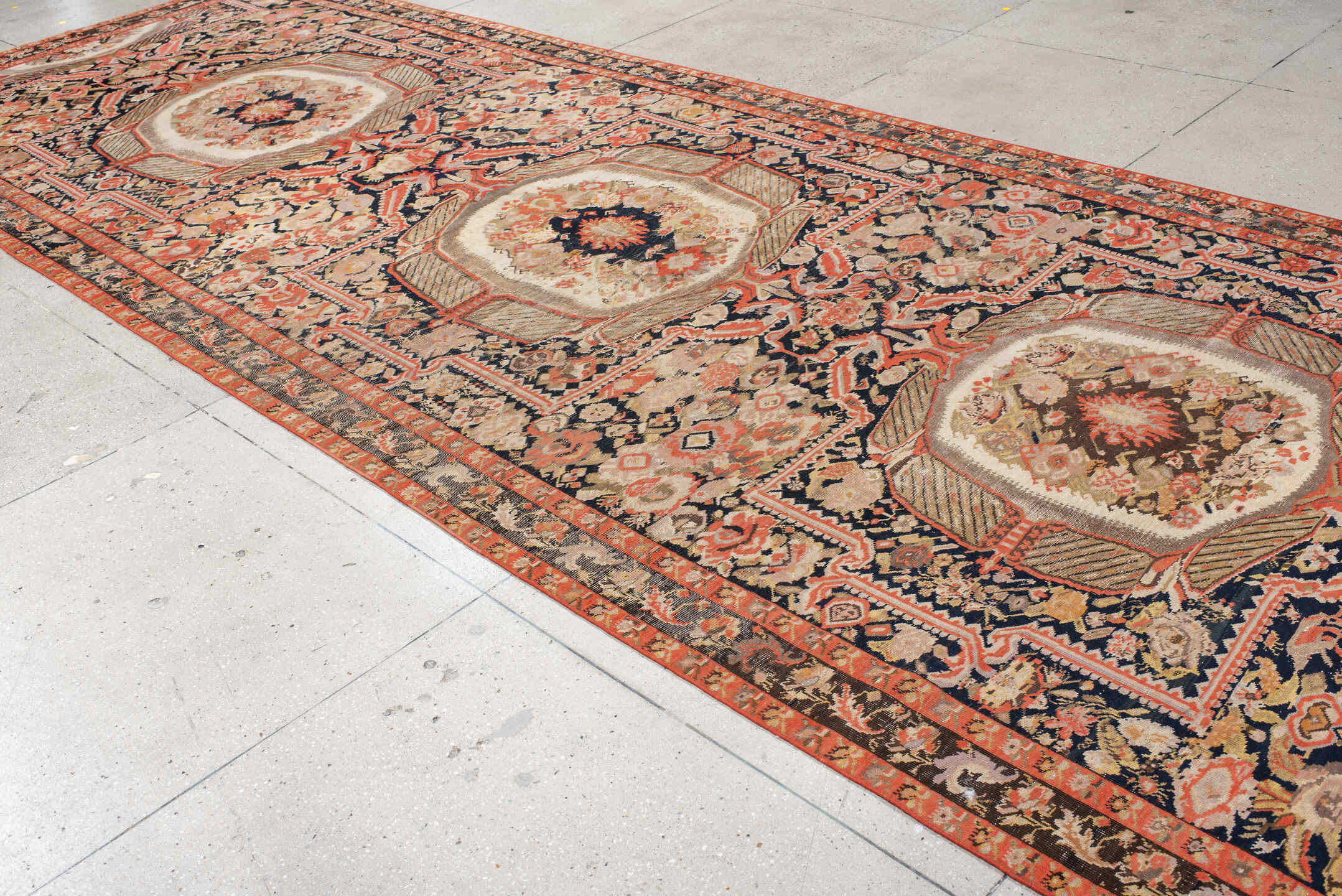 6' x 18' one-of-a-kind handmade vintage Karabagh rug. Color palette: ivory, charcoal, coral, rust, taupe, rose, cream, gray
