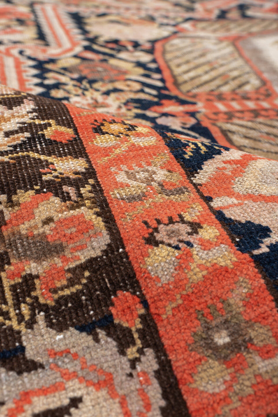 6' x 18' one-of-a-kind handmade vintage Karabagh rug. Color palette: ivory, charcoal, coral, rust, taupe, rose, cream, gray