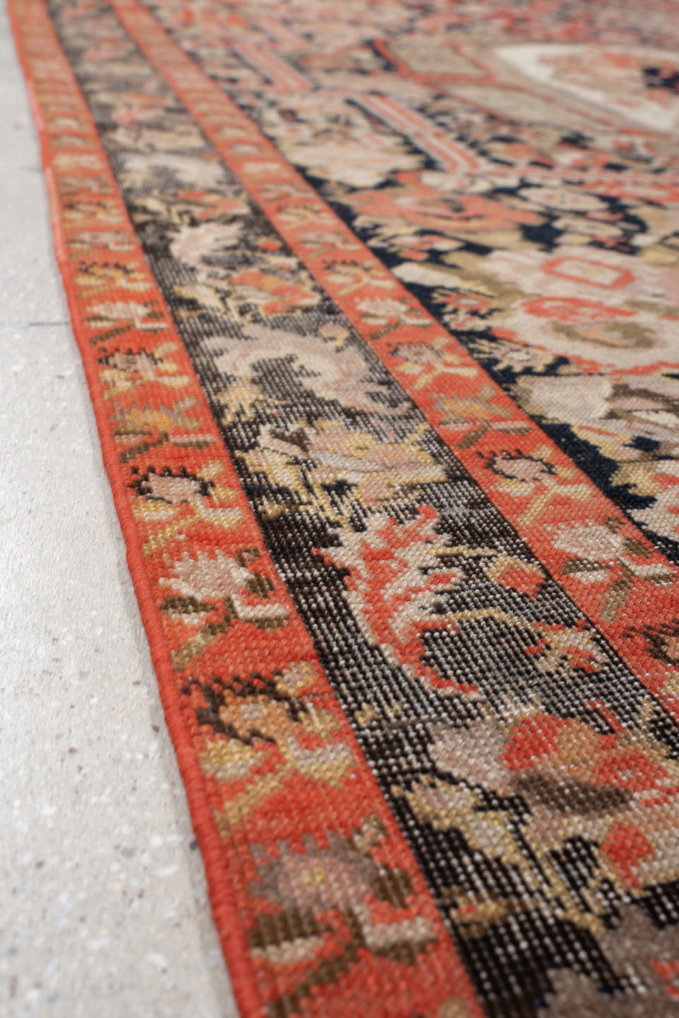 6' x 18' one-of-a-kind handmade vintage Karabagh rug. Color palette: ivory, charcoal, coral, rust, taupe, rose, cream, gray