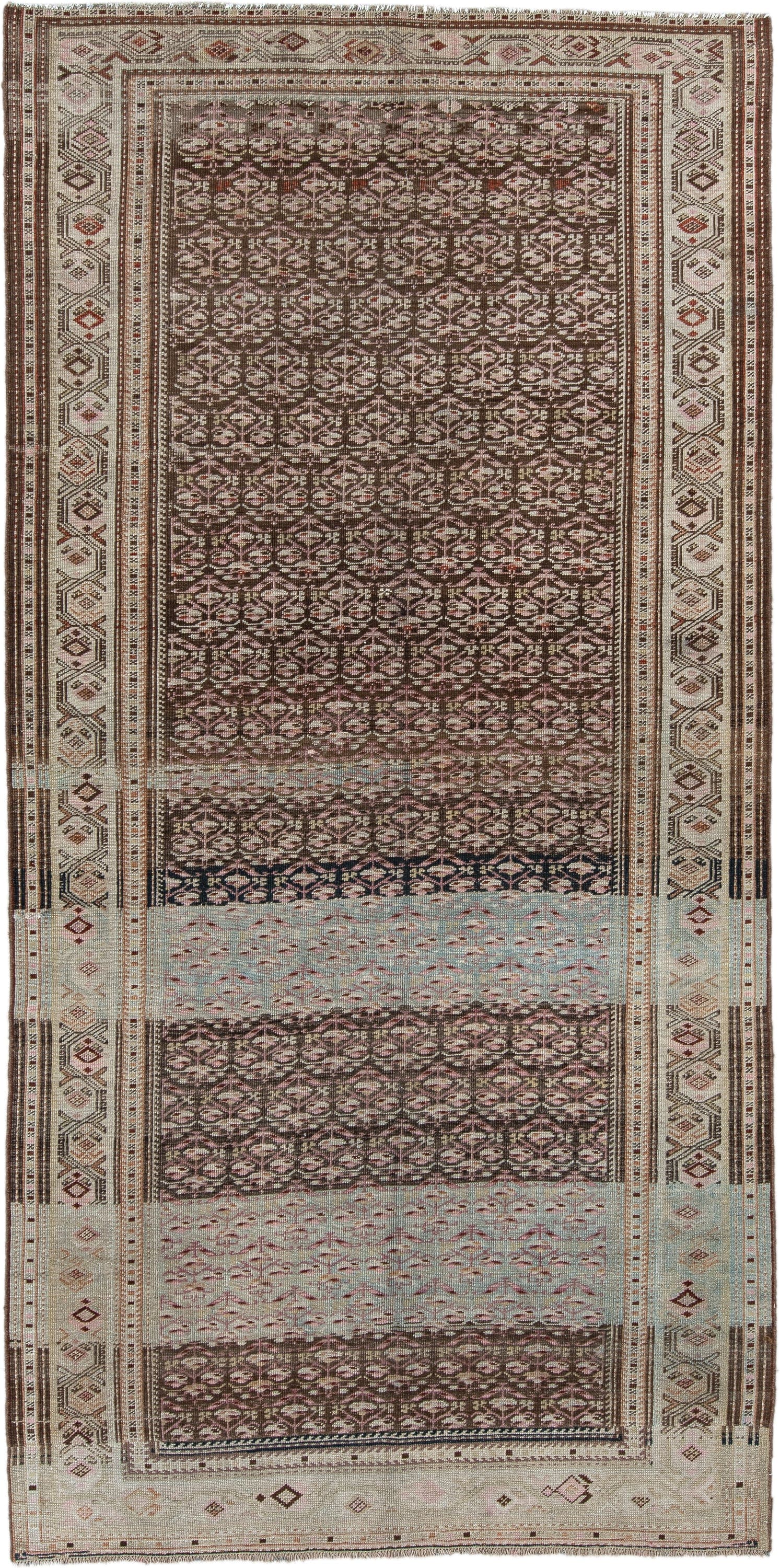 5' x 10' one-of-a-kind handmade antique NW Persian medium size rug. Color palette: ivory, brown, sky blue, taupe, rose, rust