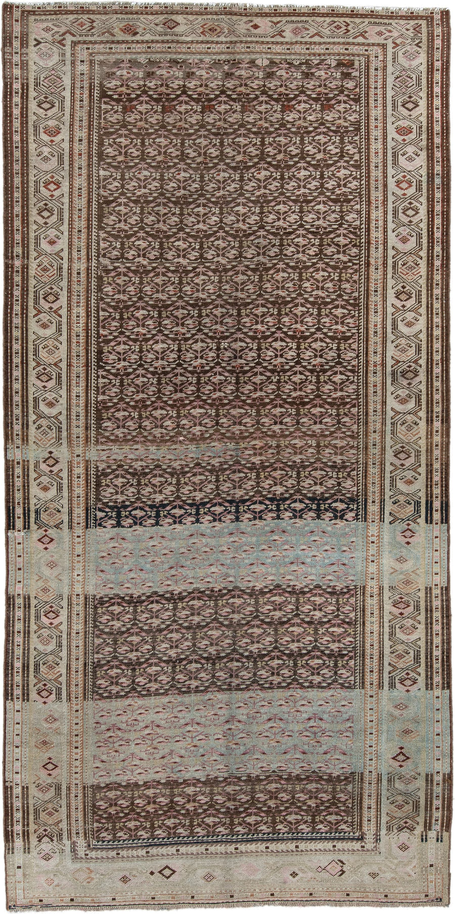 5' x 10' one-of-a-kind handmade antique NW Persian medium size rug. Color palette: ivory, brown, sky blue, taupe, rose, rust