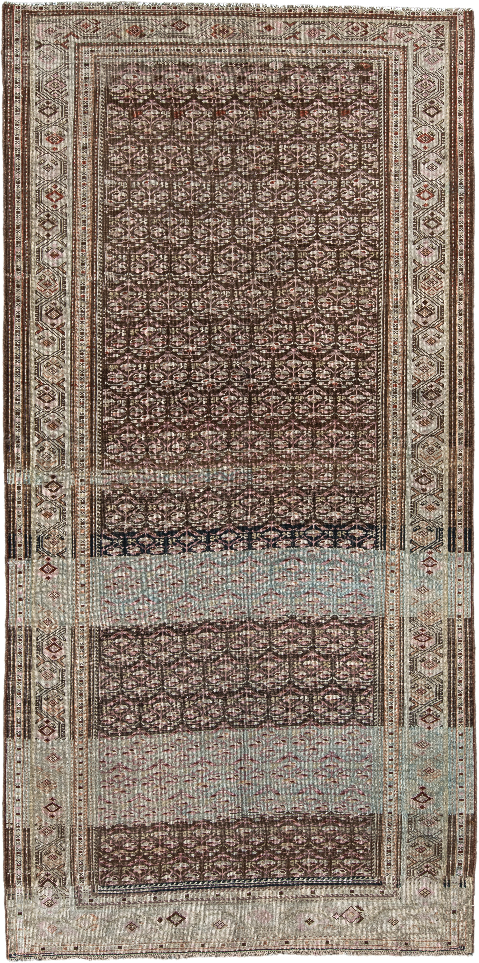 5' x 10' one-of-a-kind handmade antique NW Persian medium size rug. Color palette: ivory, brown, sky blue, taupe, rose, rust