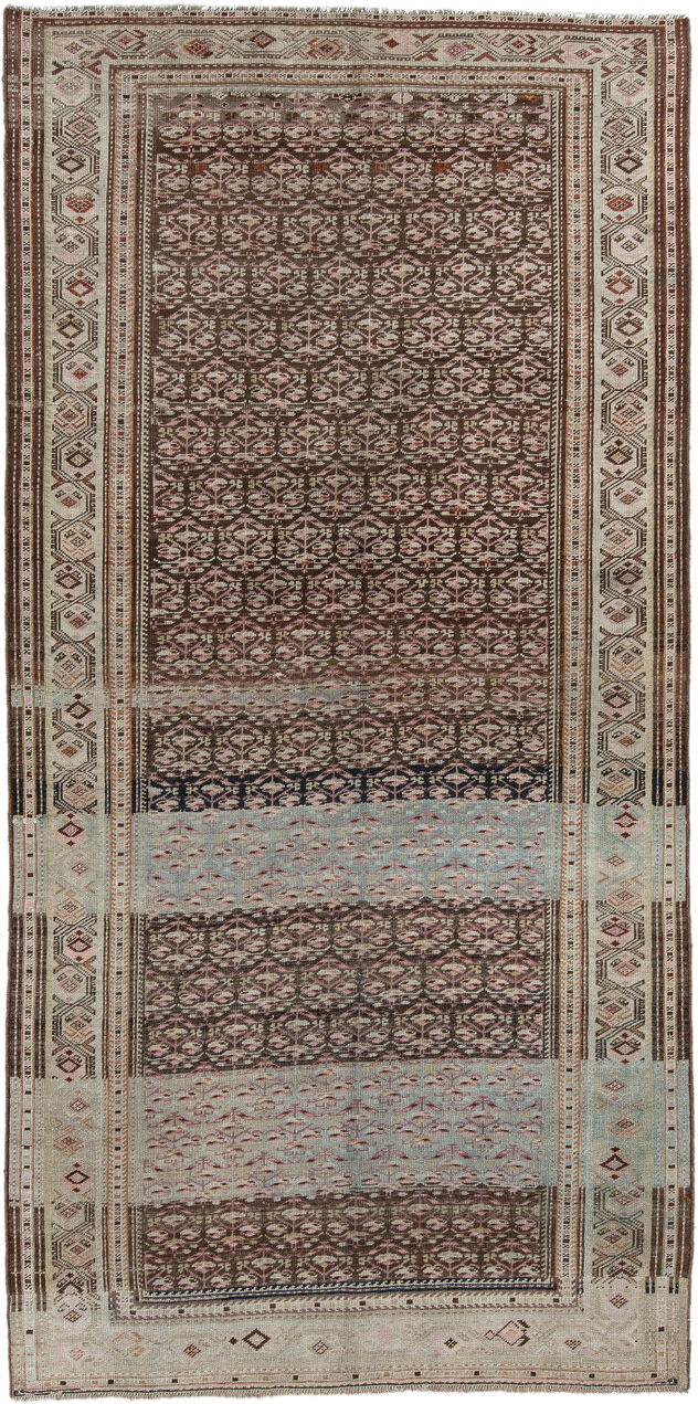 5' x 10' one-of-a-kind handmade antique NW Persian medium size rug. Color palette: ivory, brown, sky blue, taupe, rose, rust