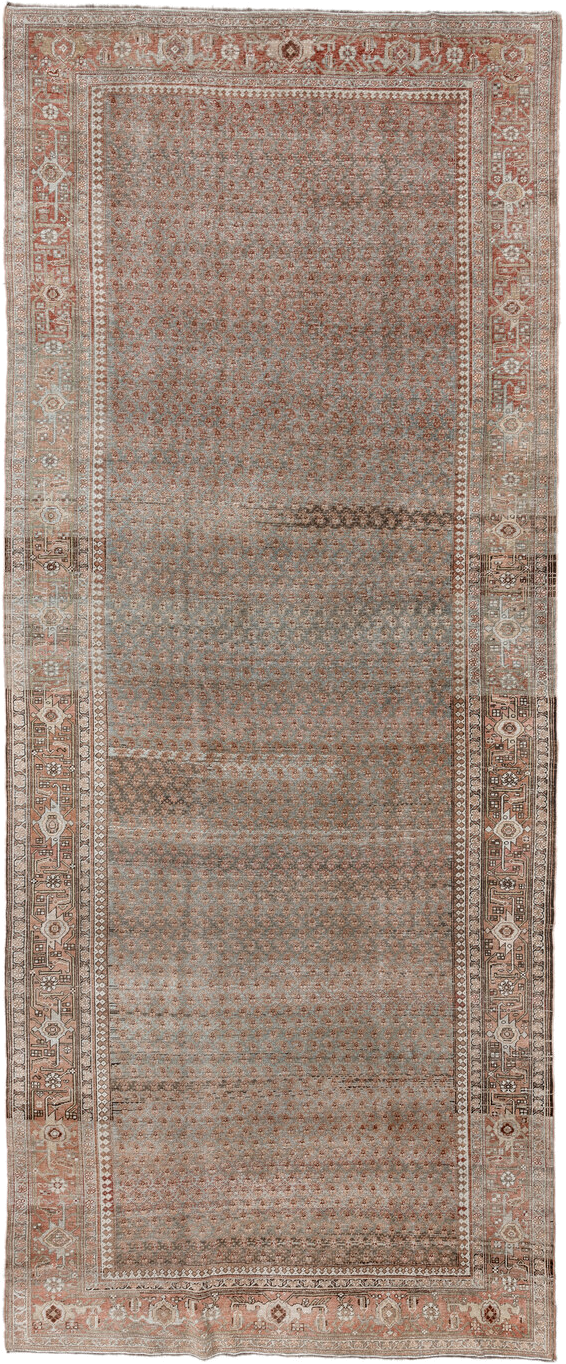 7' x 17' one-of-a-kind handmade vintage Bidjar rug. Color palette: taupe, dusty_rose, ivory, muted_blue, brown, charcoal