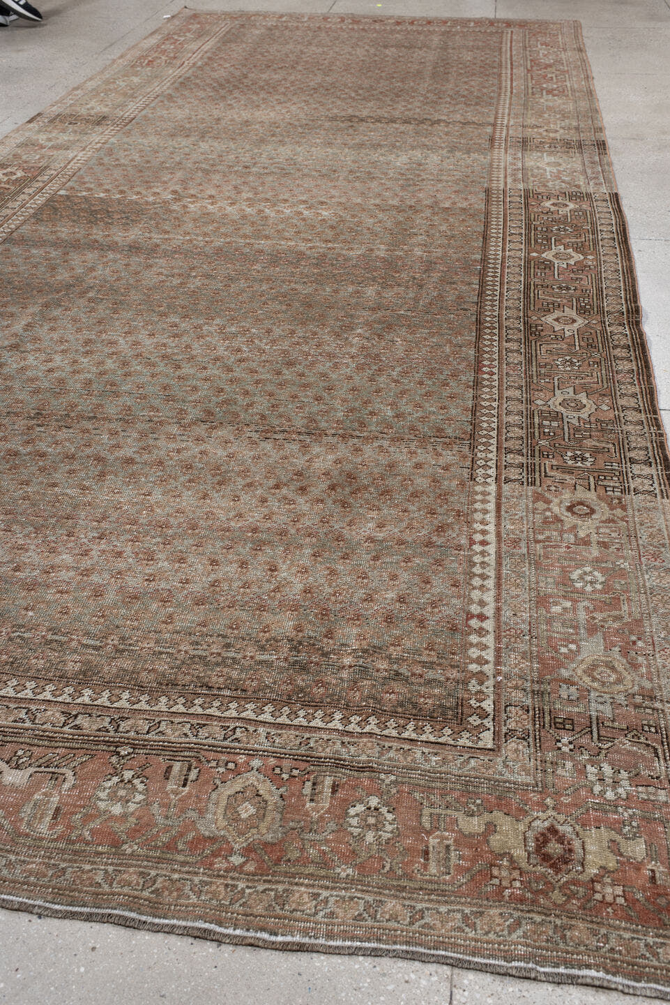 7' x 17' one-of-a-kind handmade vintage Bidjar rug. Color palette: taupe, dusty_rose, ivory, muted_blue, brown, charcoal