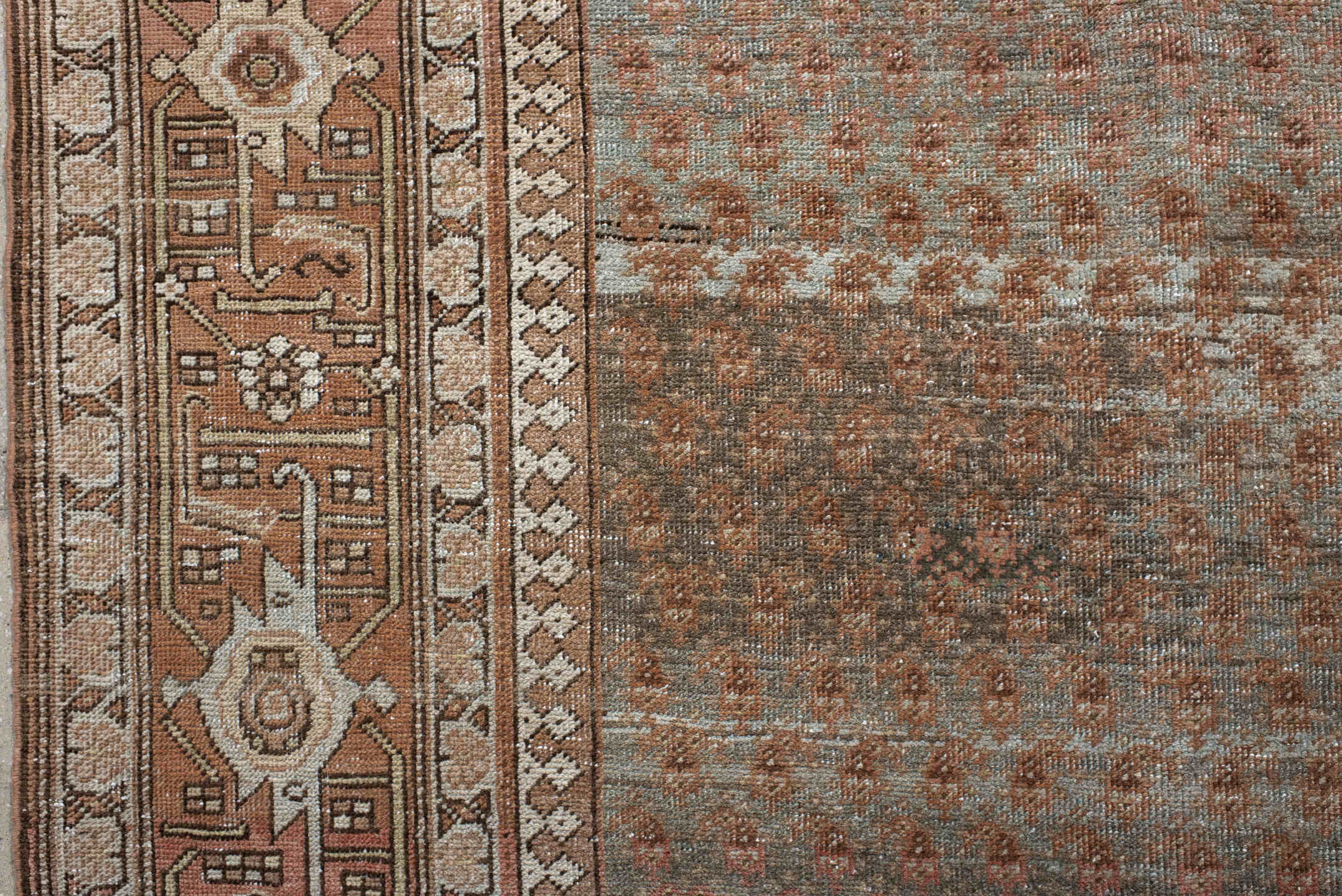 7' x 17' one-of-a-kind handmade vintage Bidjar rug. Color palette: taupe, dusty_rose, ivory, muted_blue, brown, charcoal