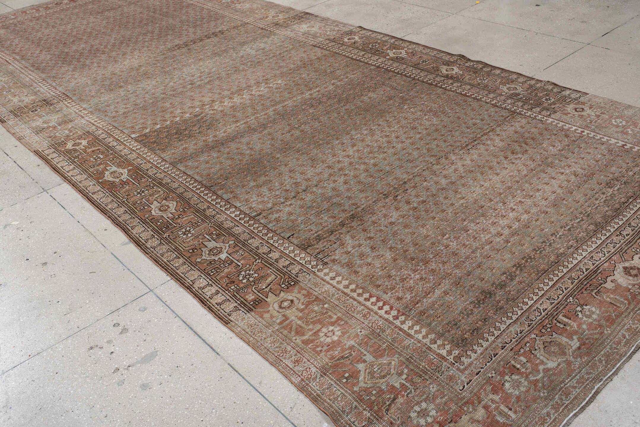 7' x 17' one-of-a-kind handmade vintage Bidjar rug. Color palette: taupe, dusty_rose, ivory, muted_blue, brown, charcoal