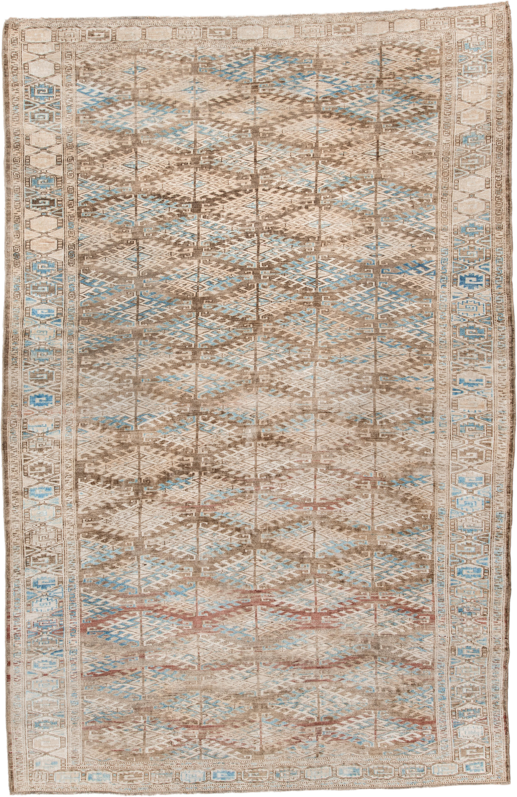 6' x 9' one-of-a-kind handmade antique Yamoud medium size rug. Color palette: ivory, taupe, camel, sky blue, brown, rose