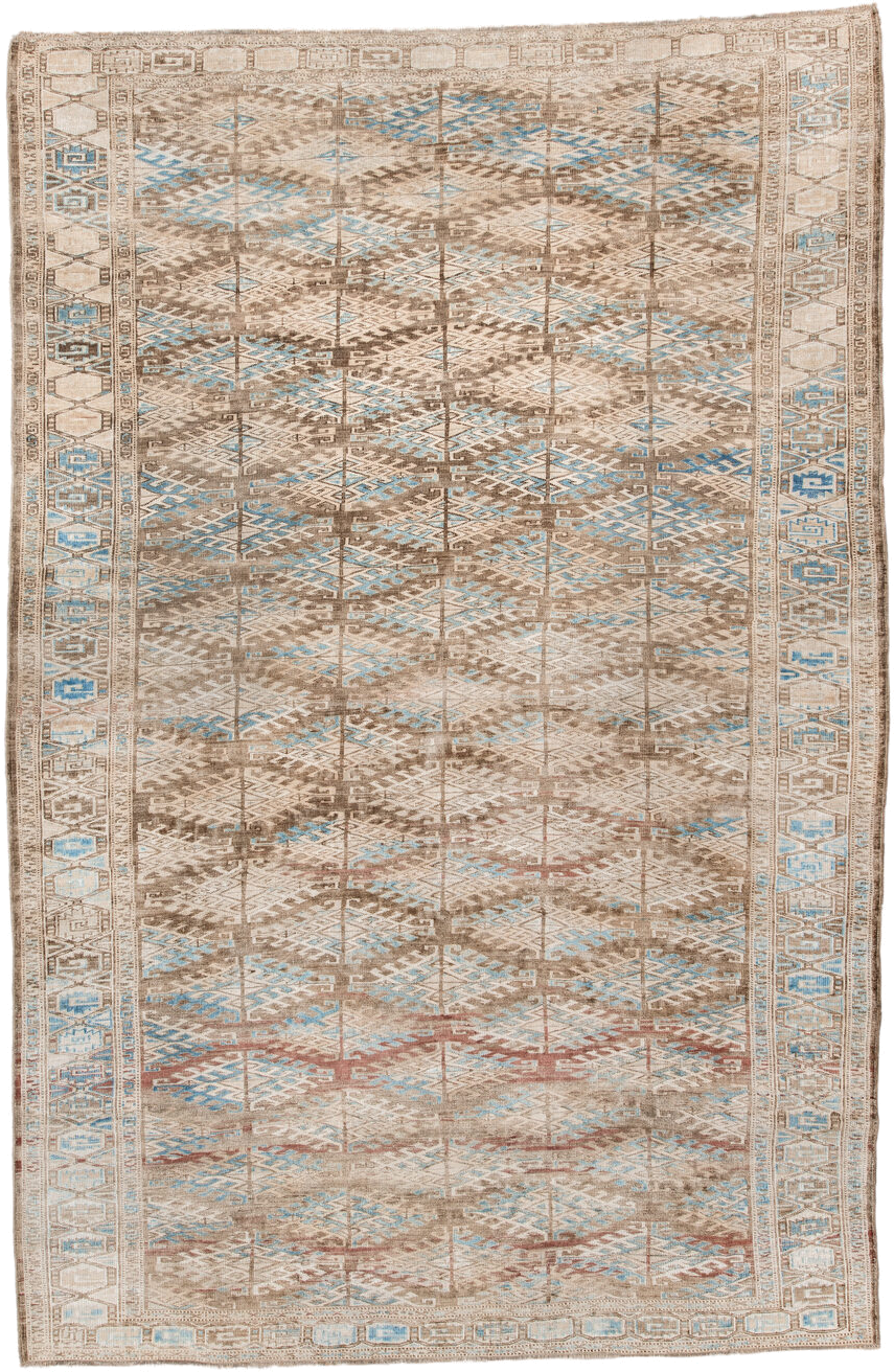 6' x 9' one-of-a-kind handmade antique Yamoud medium size rug. Color palette: ivory, taupe, camel, sky blue, brown, rose