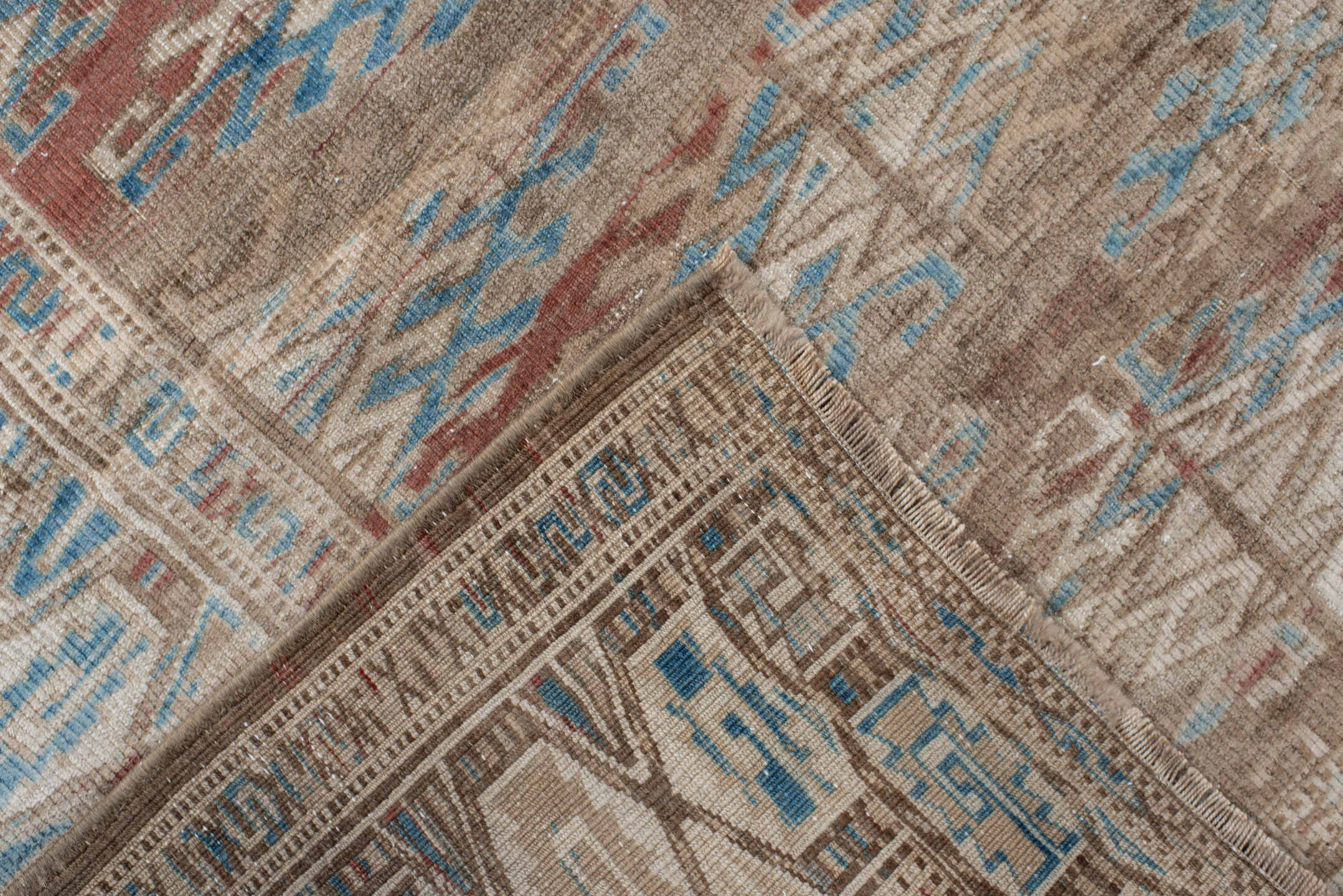 6' x 9' one-of-a-kind handmade antique Yamoud medium size rug. Color palette: ivory, taupe, camel, sky blue, brown, rose