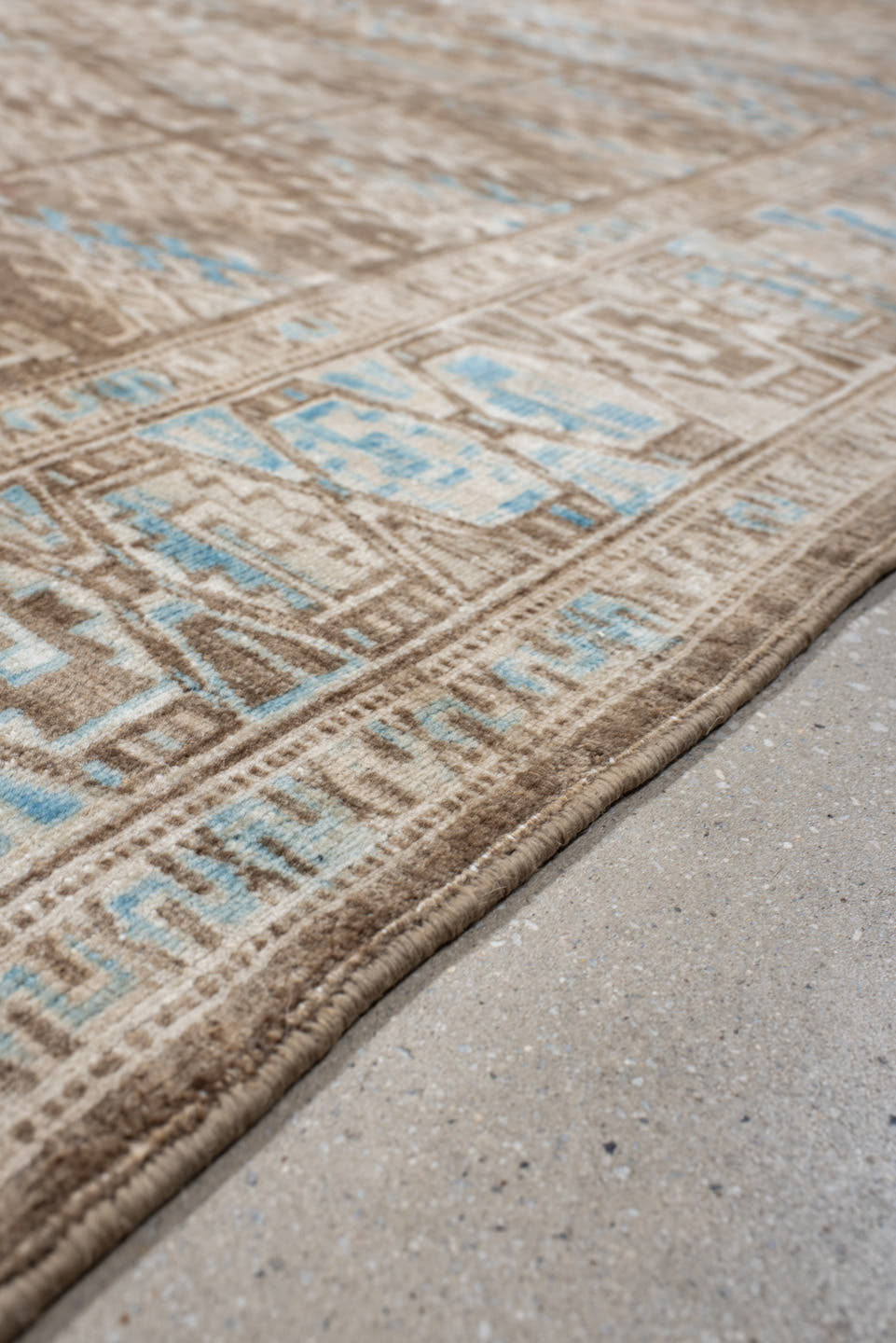 6' x 9' one-of-a-kind handmade antique Yamoud medium size rug. Color palette: ivory, taupe, camel, sky blue, brown, rose