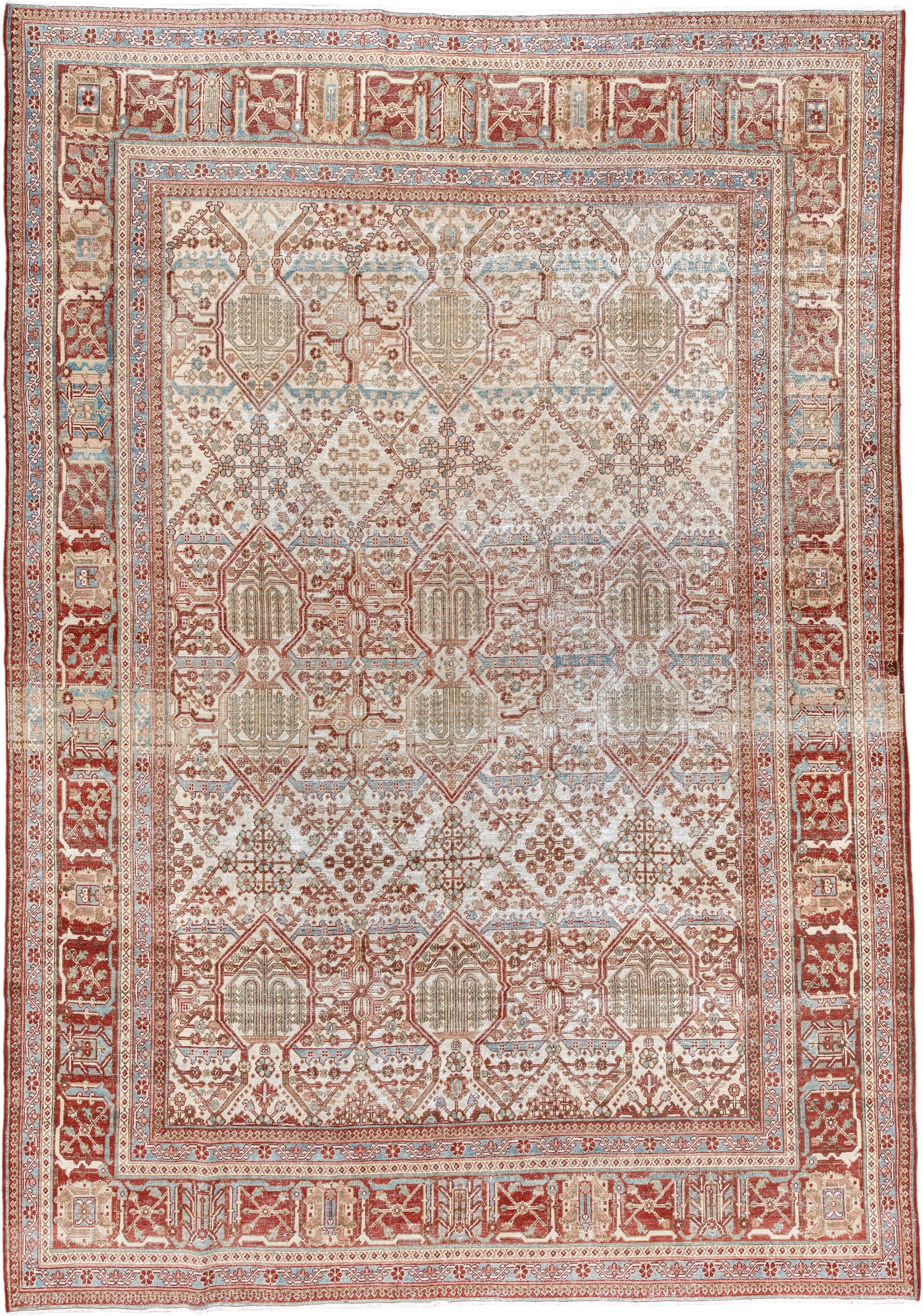 7' x 10' one-of-a-kind handmade antique Joshegan large size rug. Color palette: ivory, rust, sky_blue, camel, brick, taupe