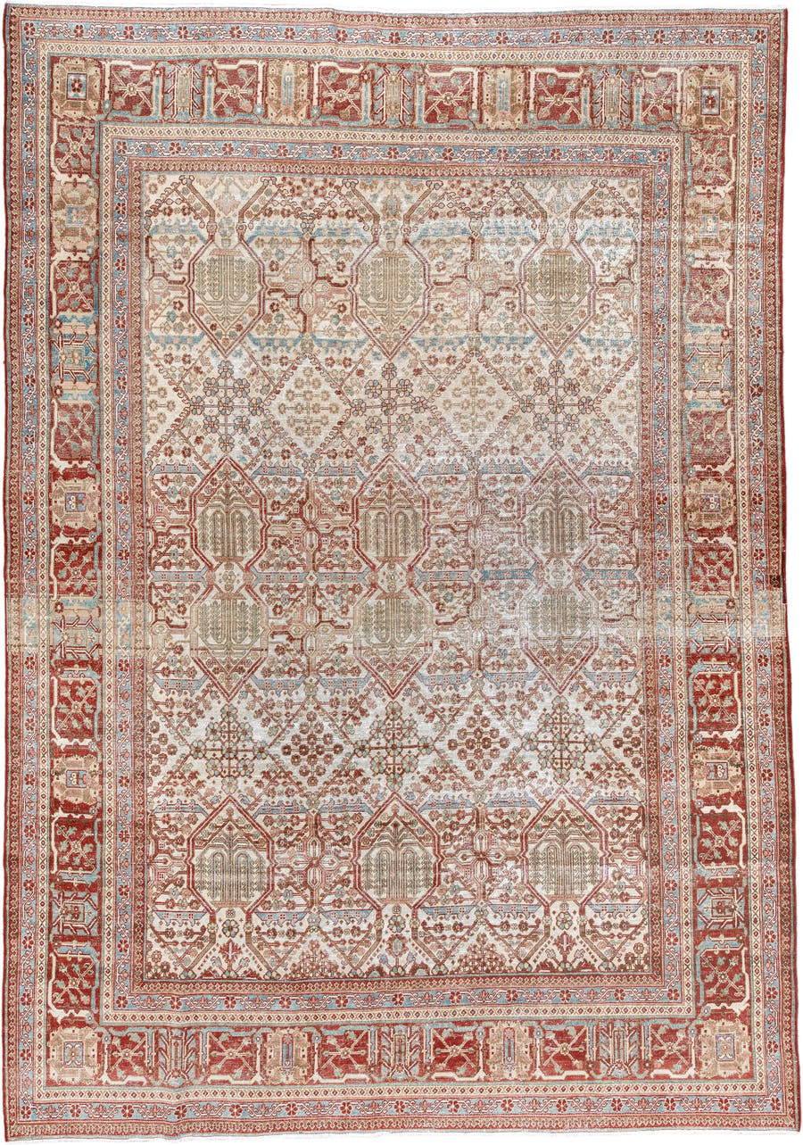 7' x 10' one-of-a-kind handmade antique Joshegan large size rug. Color palette: ivory, rust, sky_blue, camel, brick, taupe