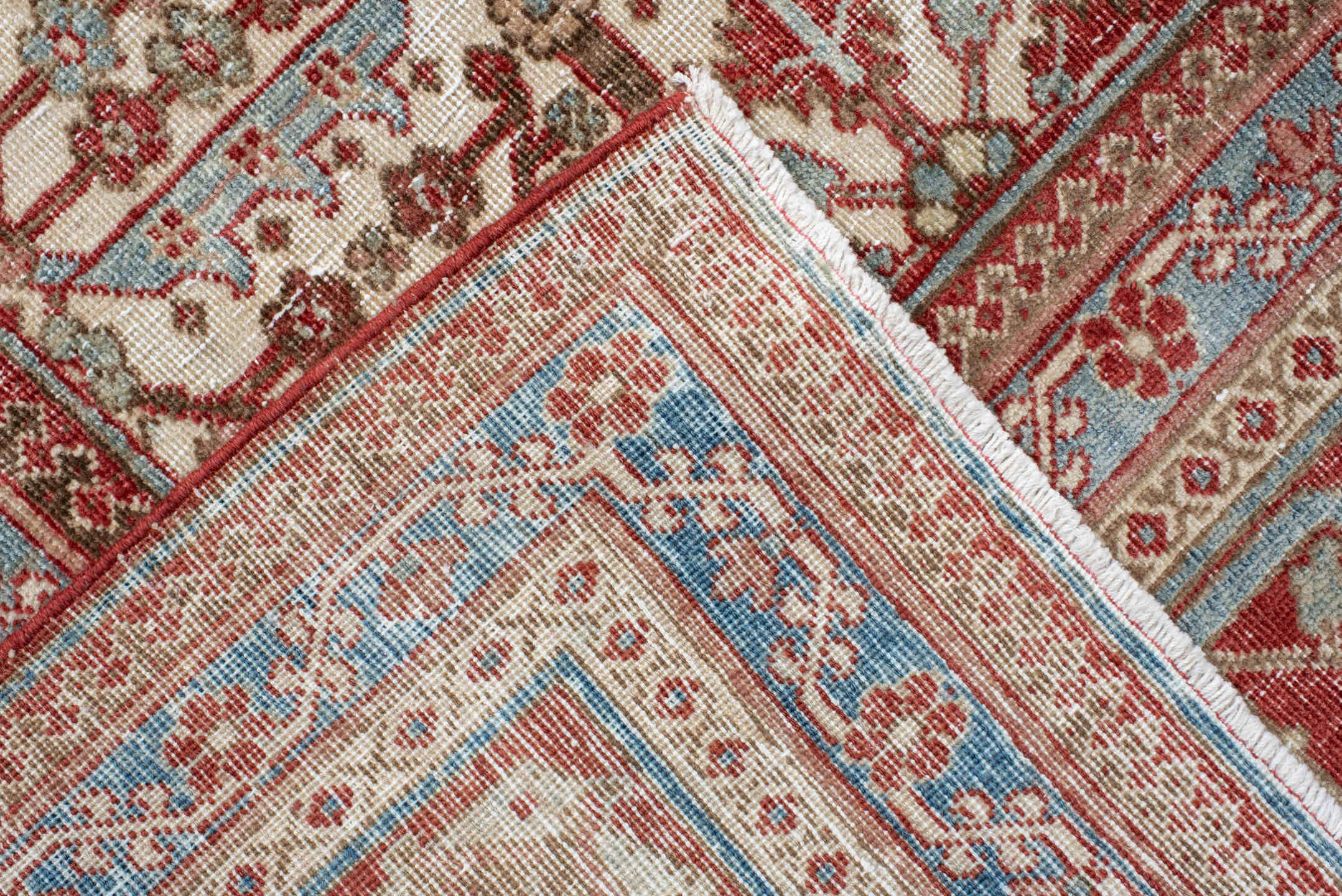 7' x 10' one-of-a-kind handmade antique Joshegan large size rug. Color palette: ivory, rust, sky_blue, camel, brick, taupe
