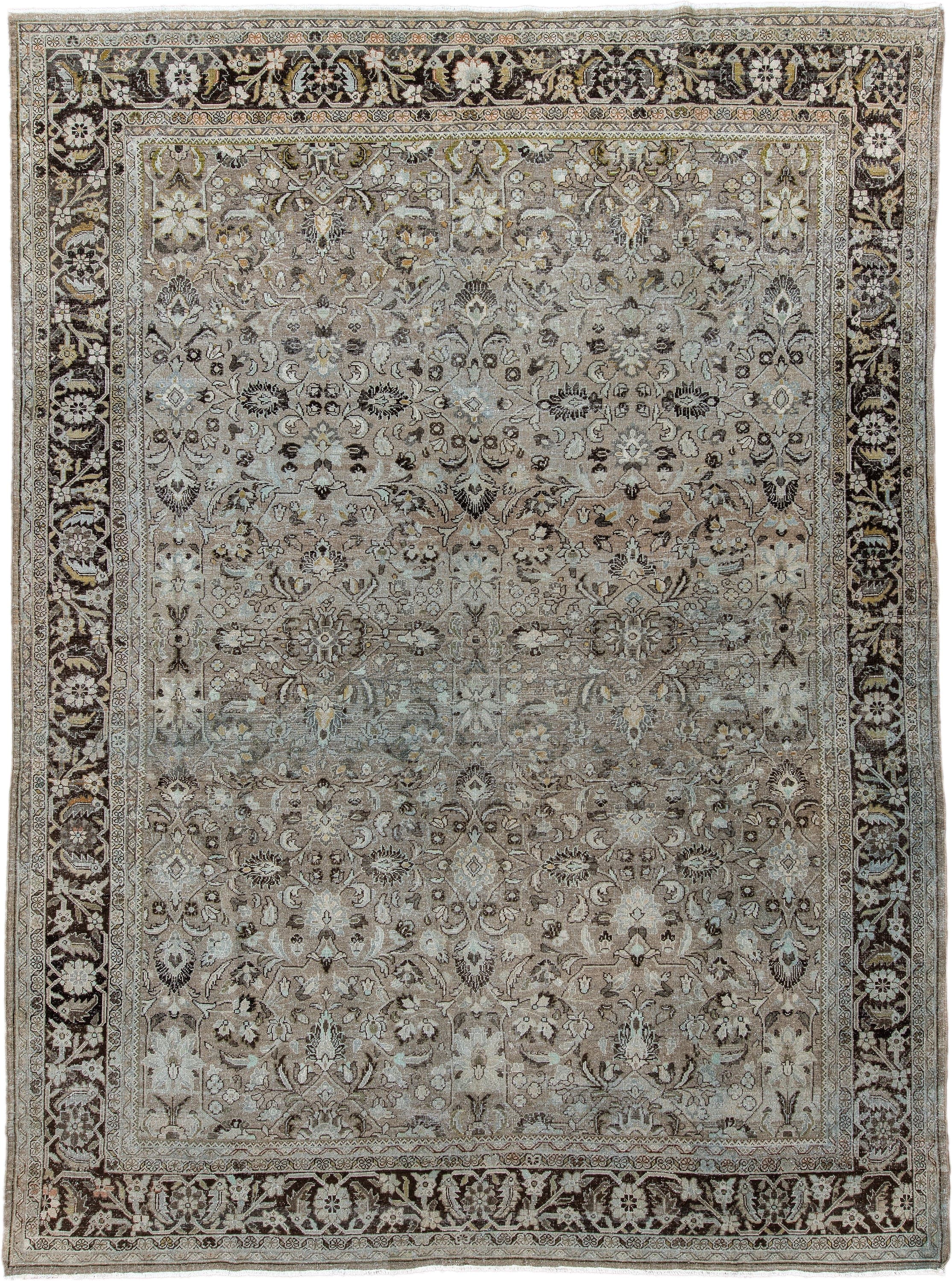 9' x 12' one-of-a-kind handmade antique Mahal large size rug. Color palette: taupe, brown, ivory, beige, charcoal, sage