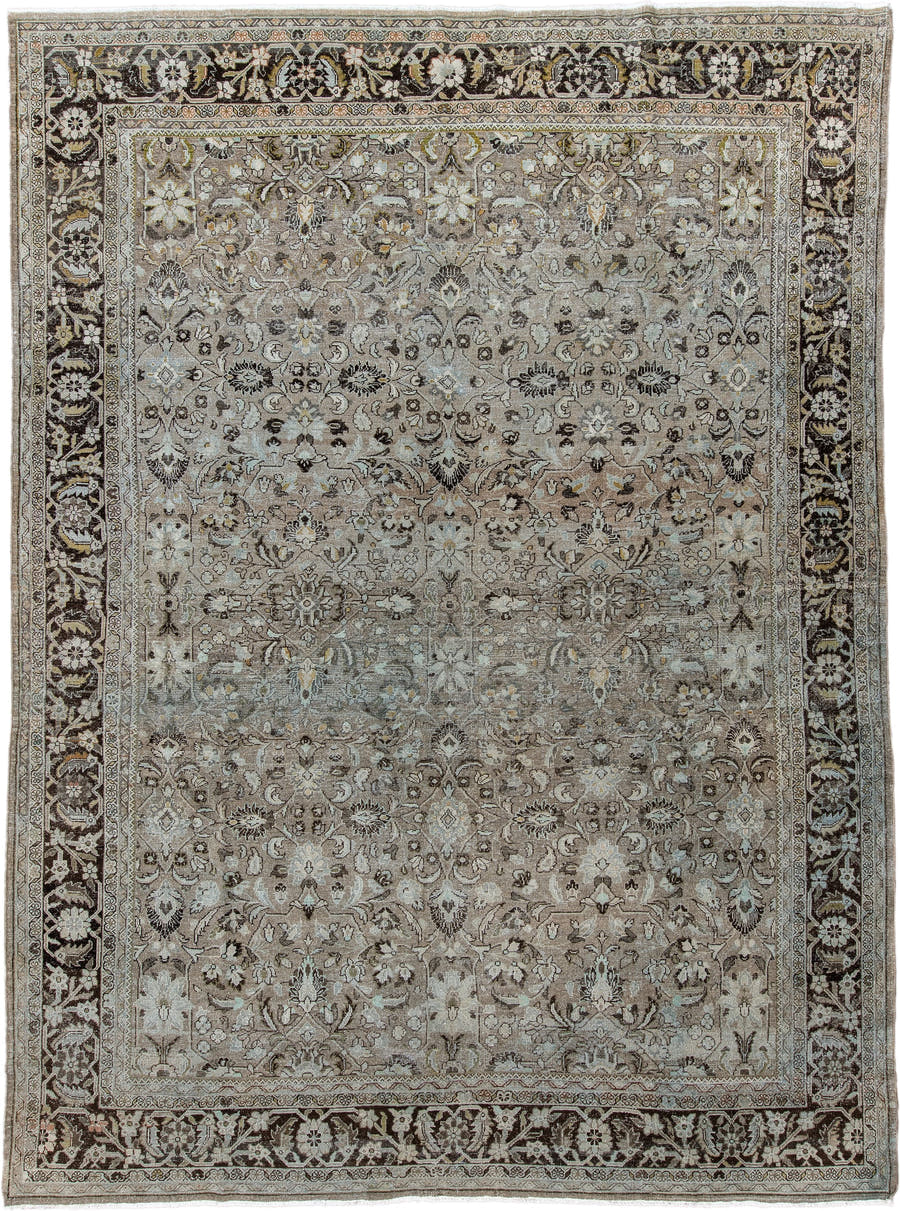 9' x 12' one-of-a-kind handmade antique Mahal large size rug. Color palette: taupe, brown, ivory, beige, charcoal, sage