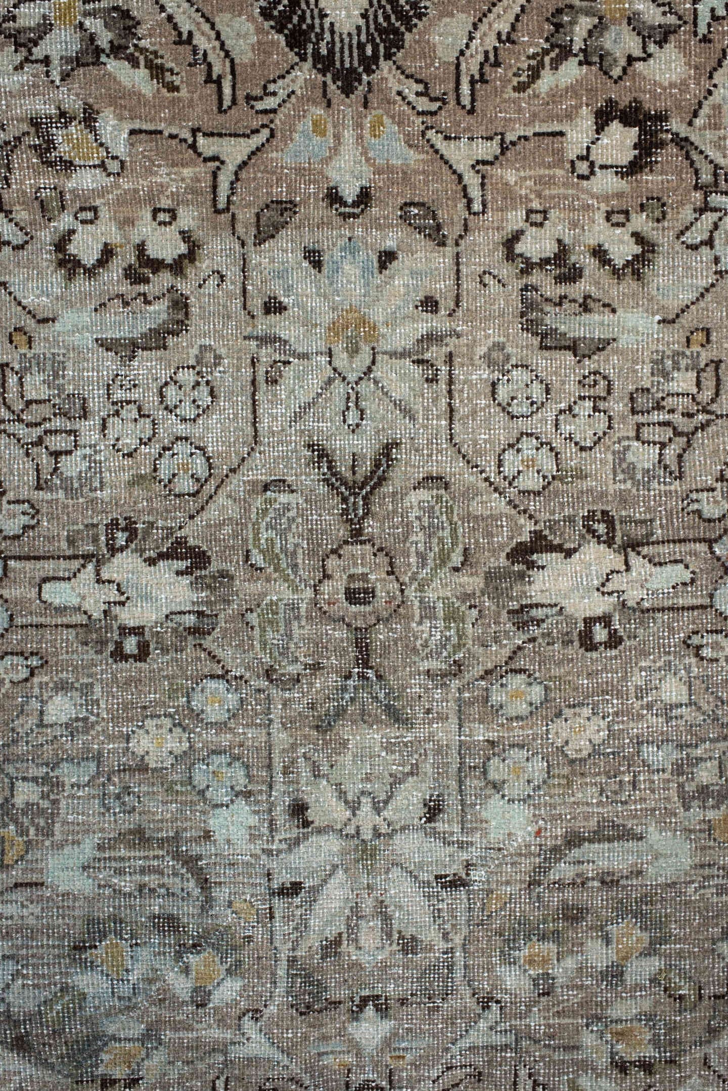 9' x 12' one-of-a-kind handmade antique Mahal large size rug. Color palette: taupe, brown, ivory, beige, charcoal, sage