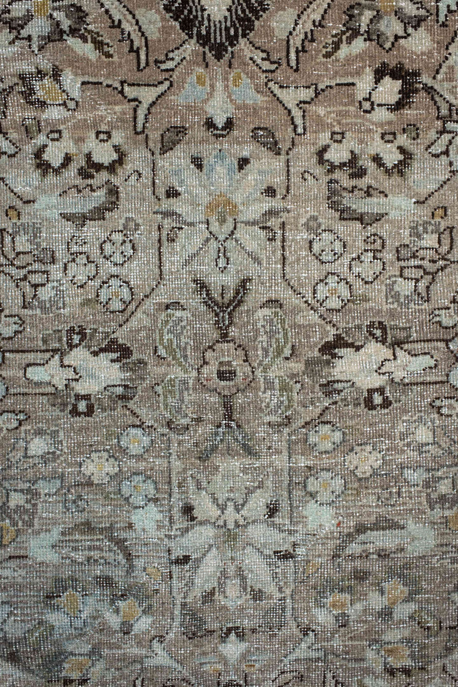 9' x 12' one-of-a-kind handmade antique Mahal large size rug. Color palette: taupe, brown, ivory, beige, charcoal, sage