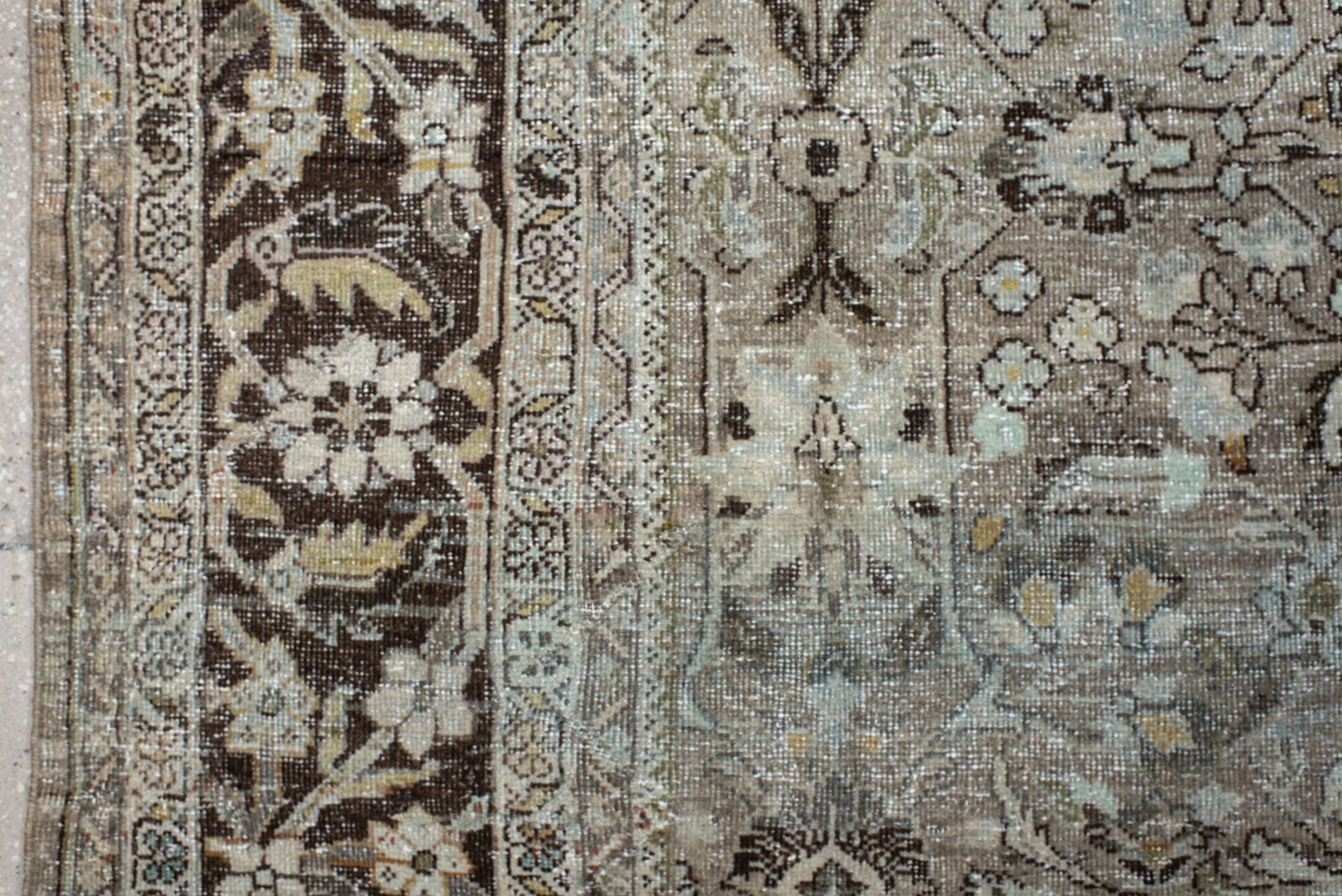 9' x 12' one-of-a-kind handmade antique Mahal large size rug. Color palette: taupe, brown, ivory, beige, charcoal, sage