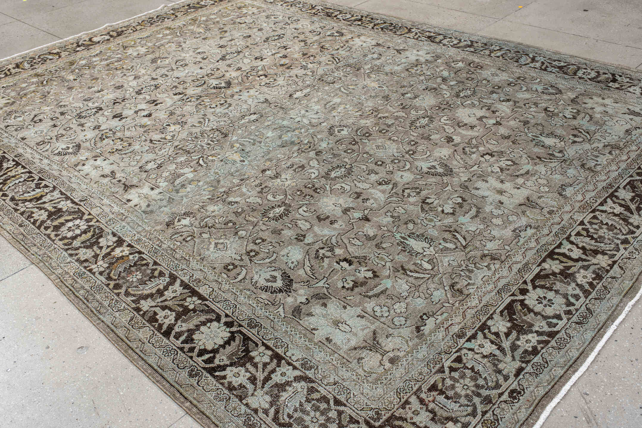 9' x 12' one-of-a-kind handmade antique Mahal large size rug. Color palette: taupe, brown, ivory, beige, charcoal, sage