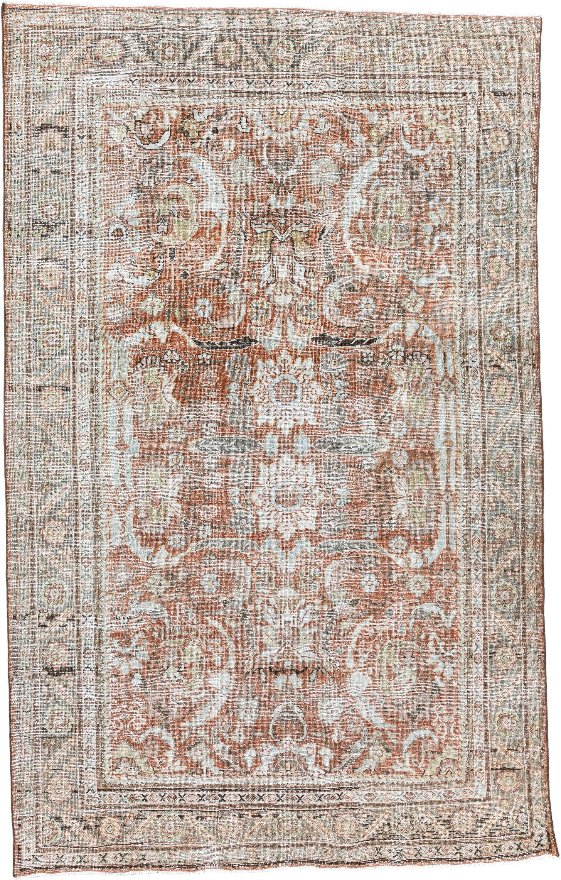 6' x 9' one-of-a-kind handmade antique Mahal large size rug. Color palette: terra cotta, ivory, sage, taupe, camel, charcoal