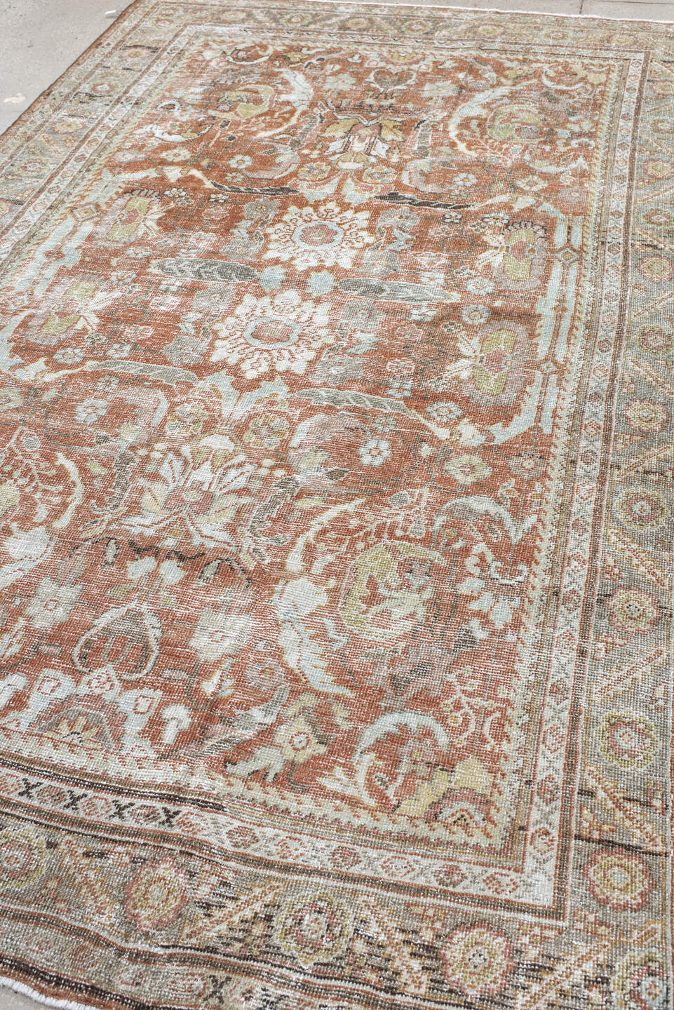 6' x 9' one-of-a-kind handmade antique Mahal large size rug. Color palette: terra cotta, ivory, sage, taupe, camel, charcoal