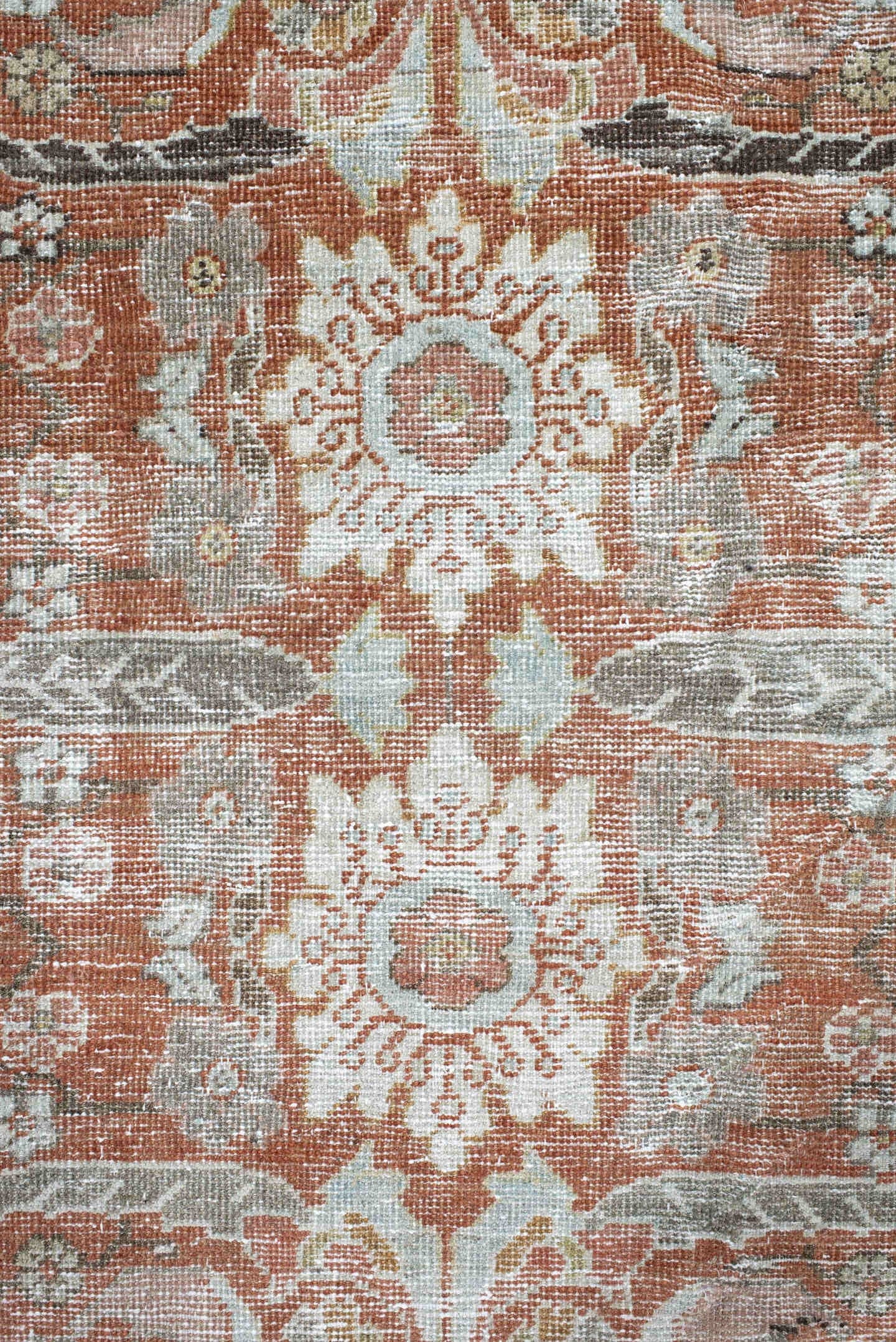 6' x 9' one-of-a-kind handmade antique Mahal large size rug. Color palette: terra cotta, ivory, sage, taupe, camel, charcoal