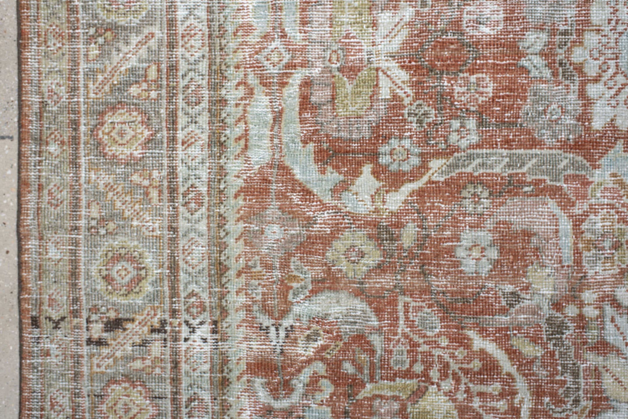 6' x 9' one-of-a-kind handmade antique Mahal large size rug. Color palette: terra cotta, ivory, sage, taupe, camel, charcoal