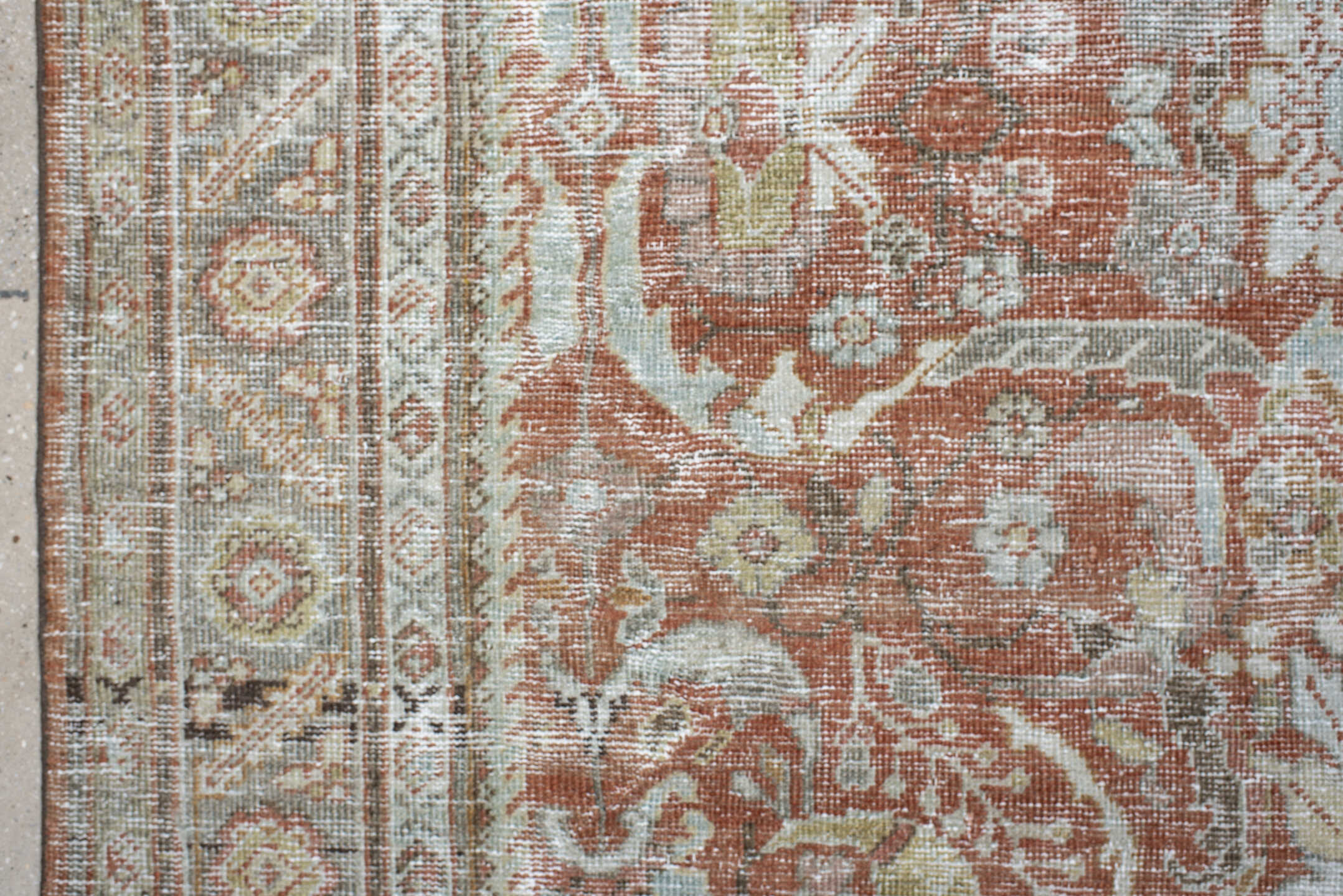 6' x 9' one-of-a-kind handmade antique Mahal large size rug. Color palette: terra cotta, ivory, sage, taupe, camel, charcoal