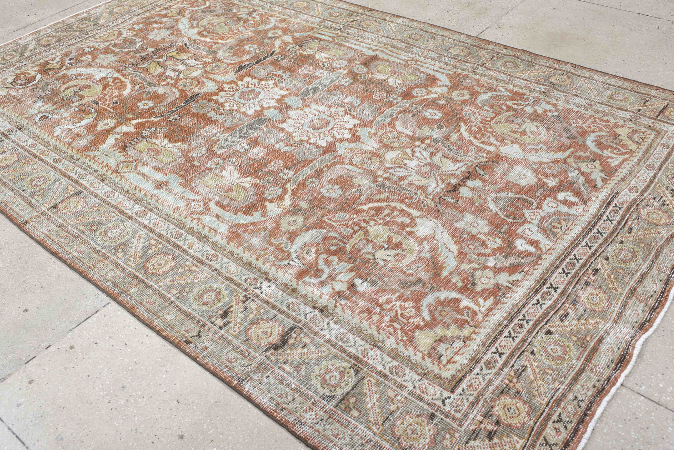 6' x 9' one-of-a-kind handmade antique Mahal large size rug. Color palette: terra cotta, ivory, sage, taupe, camel, charcoal