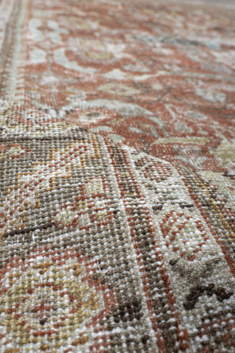 6' x 9' one-of-a-kind handmade antique Mahal large size rug. Color palette: terra cotta, ivory, sage, taupe, camel, charcoal