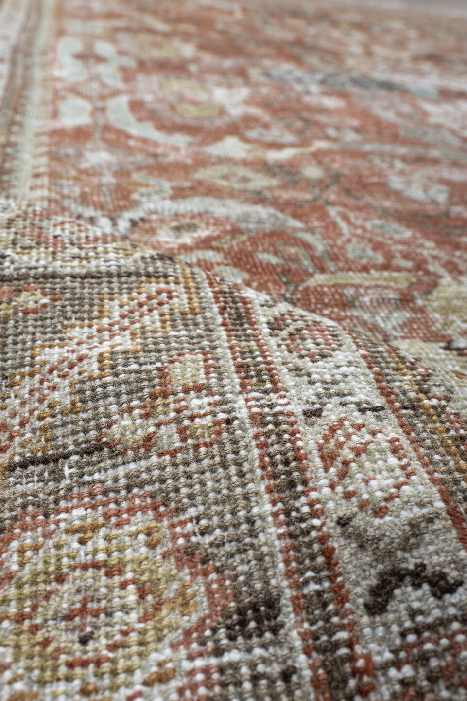6' x 9' one-of-a-kind handmade antique Mahal large size rug. Color palette: terra cotta, ivory, sage, taupe, camel, charcoal