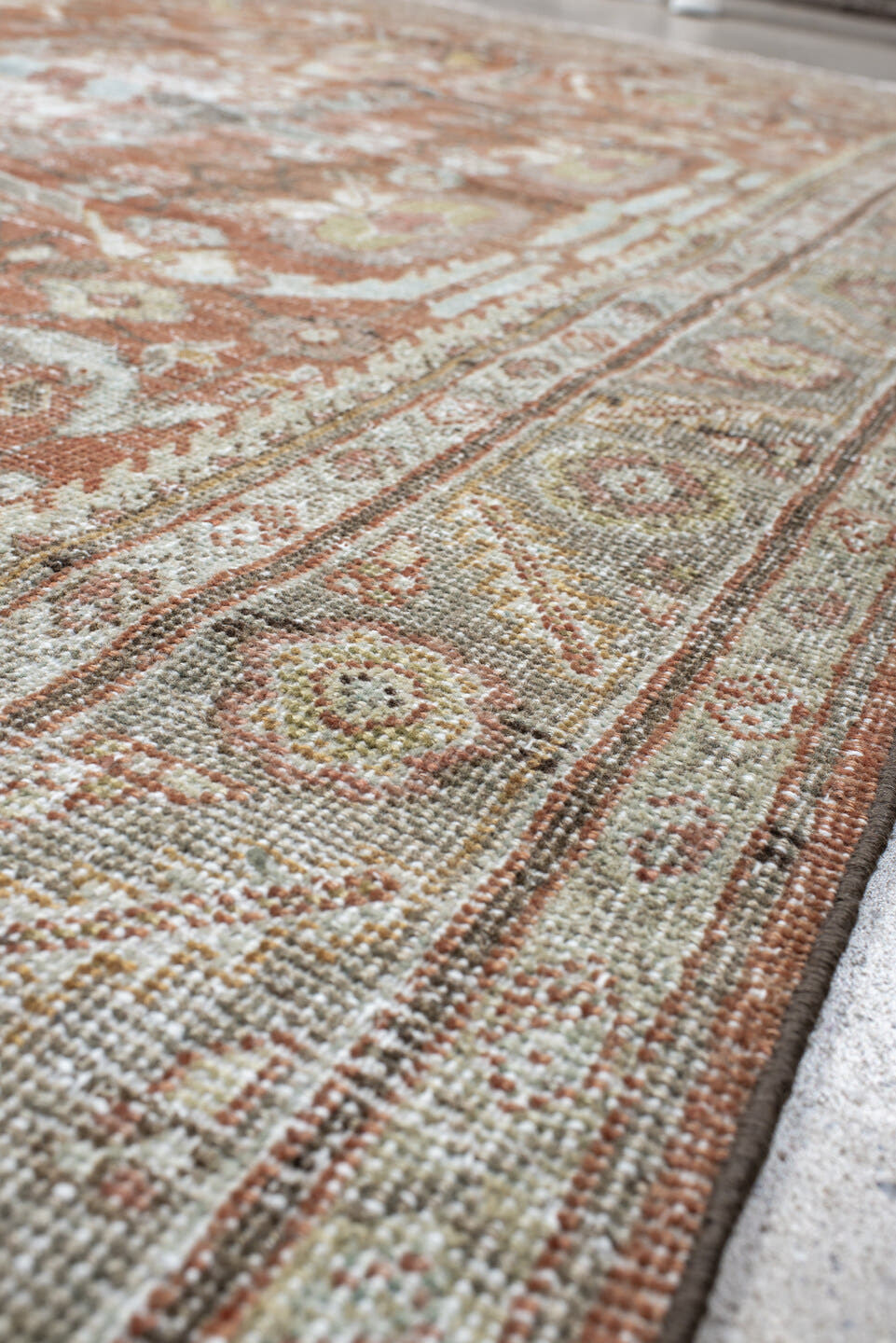 6' x 9' one-of-a-kind handmade antique Mahal large size rug. Color palette: terra cotta, ivory, sage, taupe, camel, charcoal