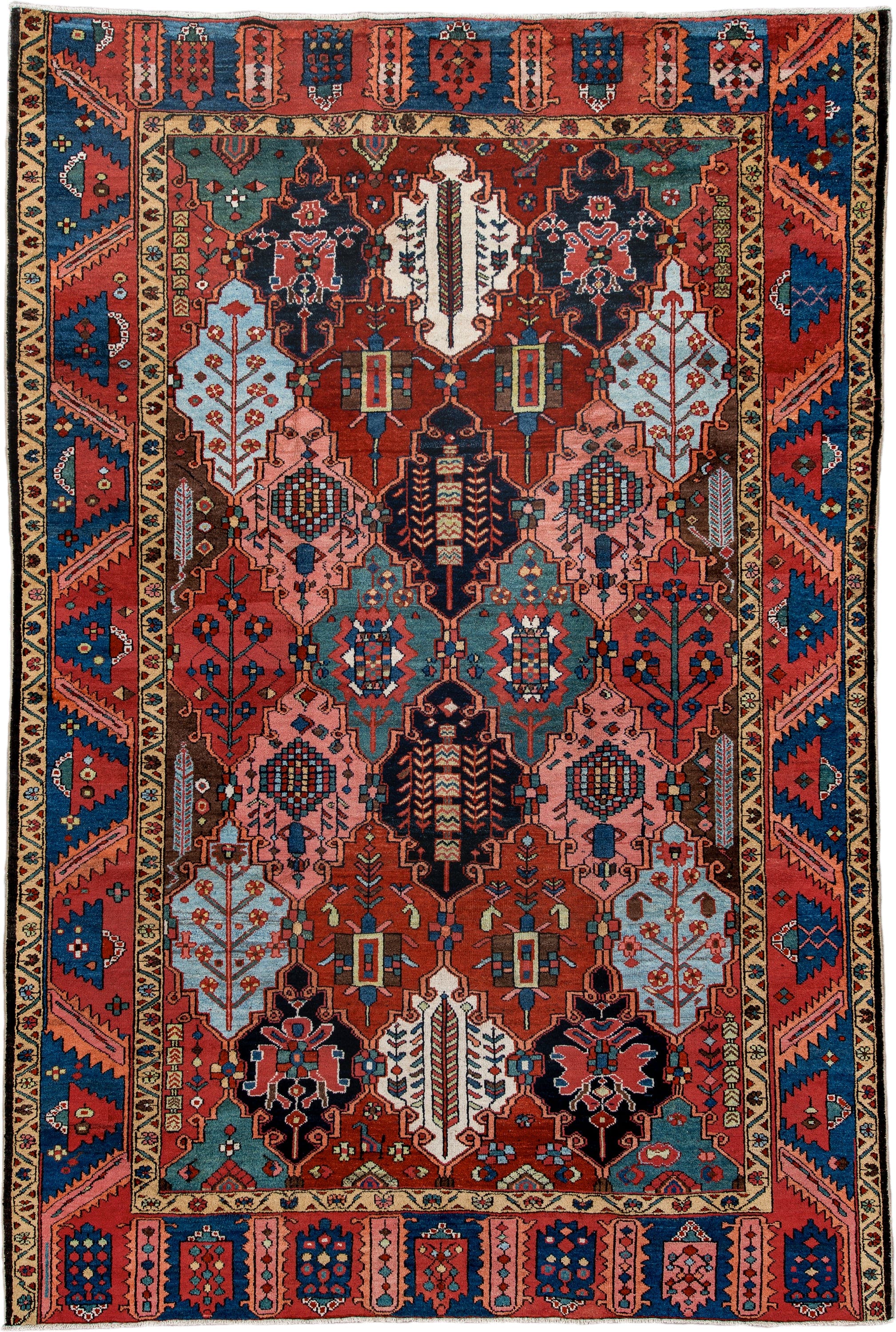 6' x 10' one-of-a-kind handmade antique Baktiary large size rug. Color palette: rust, indigo, rose, ivory, sky blue, navy