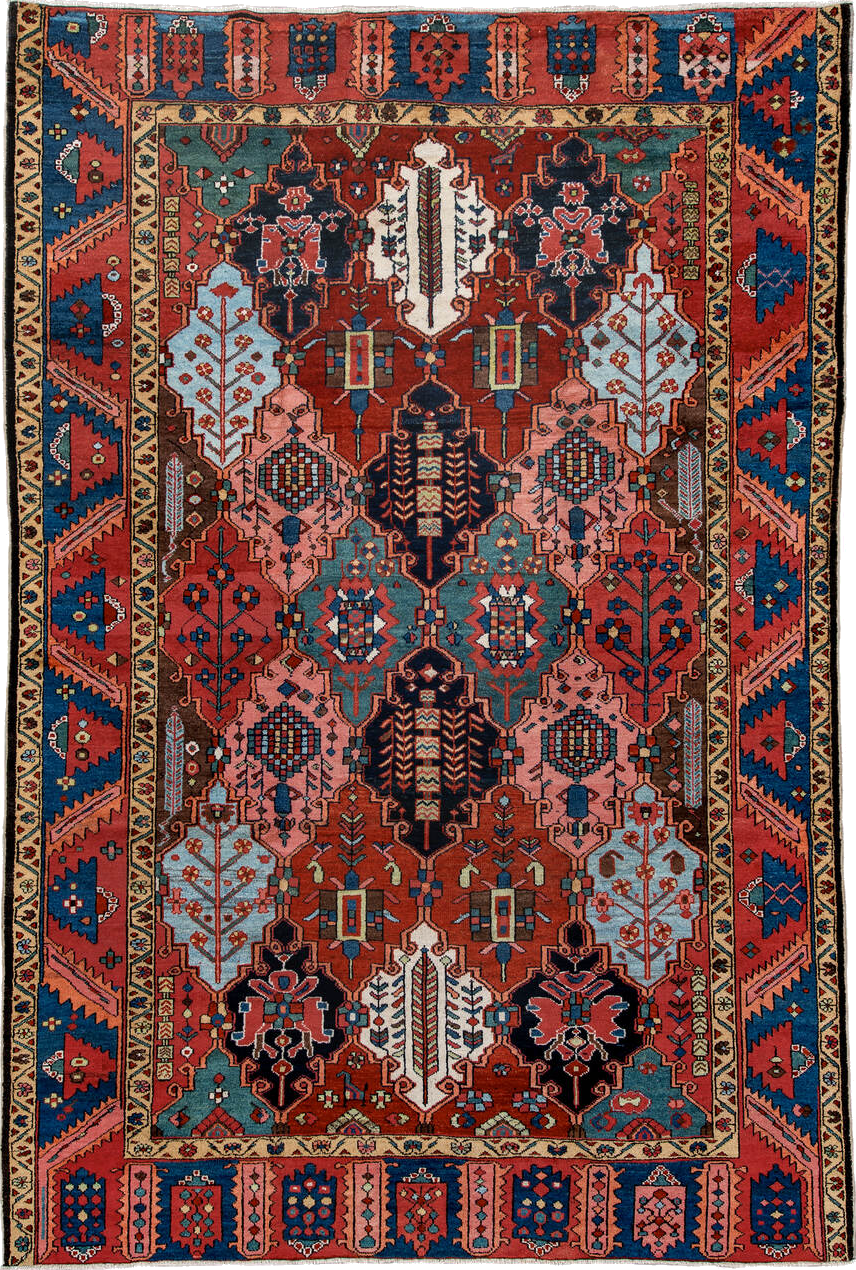 6' x 10' one-of-a-kind handmade vintage Baktiary large size rug. Color palette: black, blue, brown, burlywood