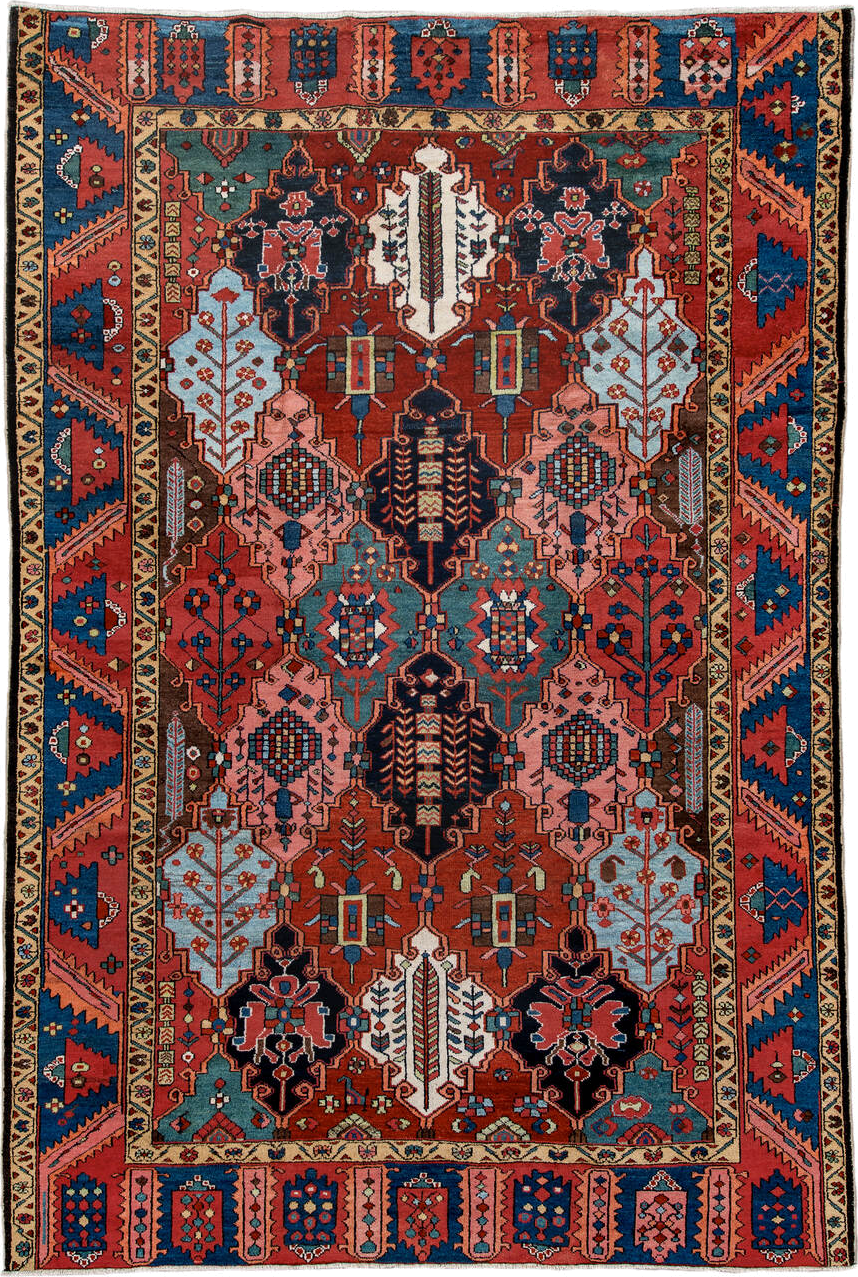 6' x 10' one-of-a-kind handmade vintage Baktiary large size rug. Color palette: black, blue, brown, burlywood