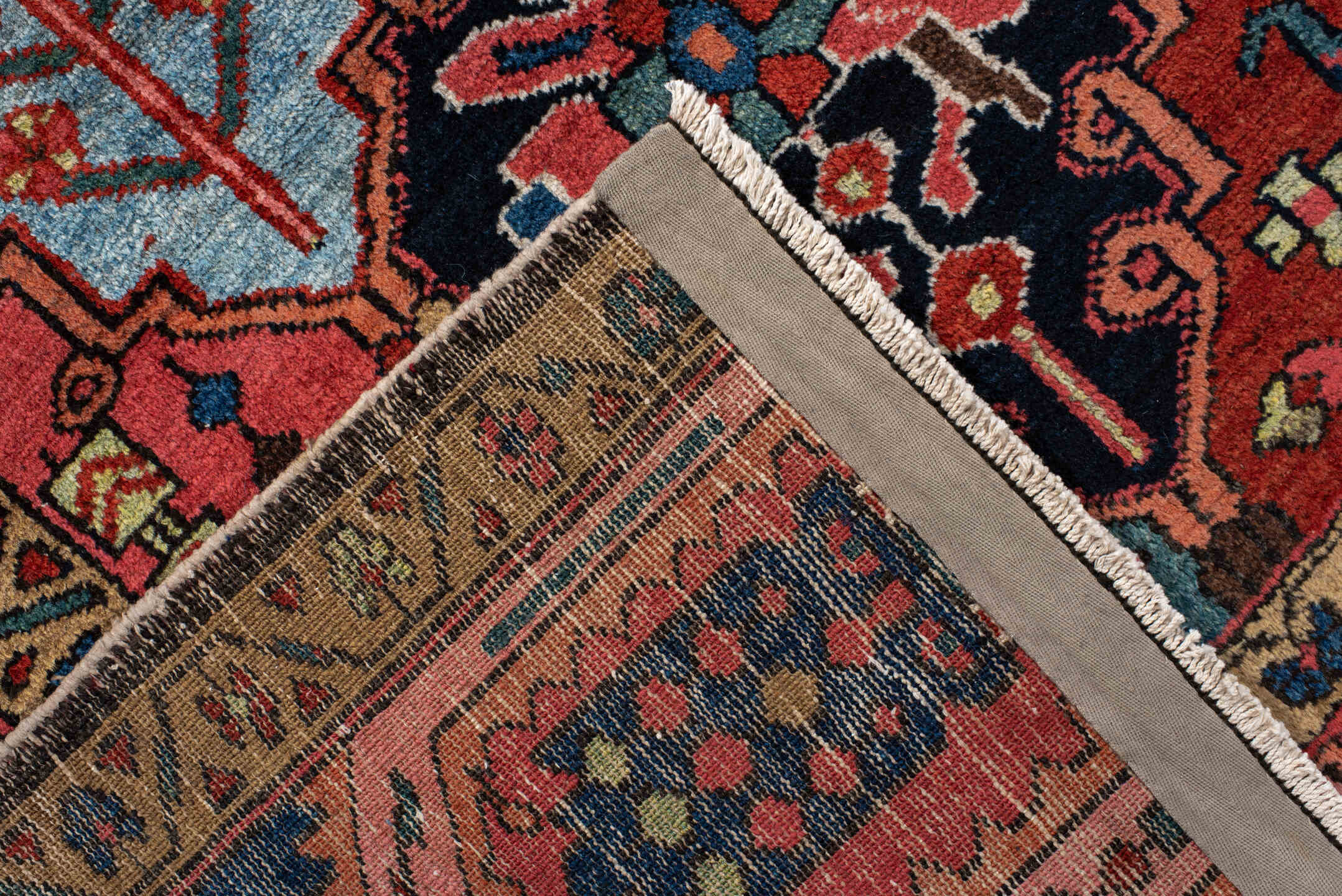 6' x 10' one-of-a-kind handmade vintage Baktiary large size rug. Color palette: black, blue, brown, burlywood