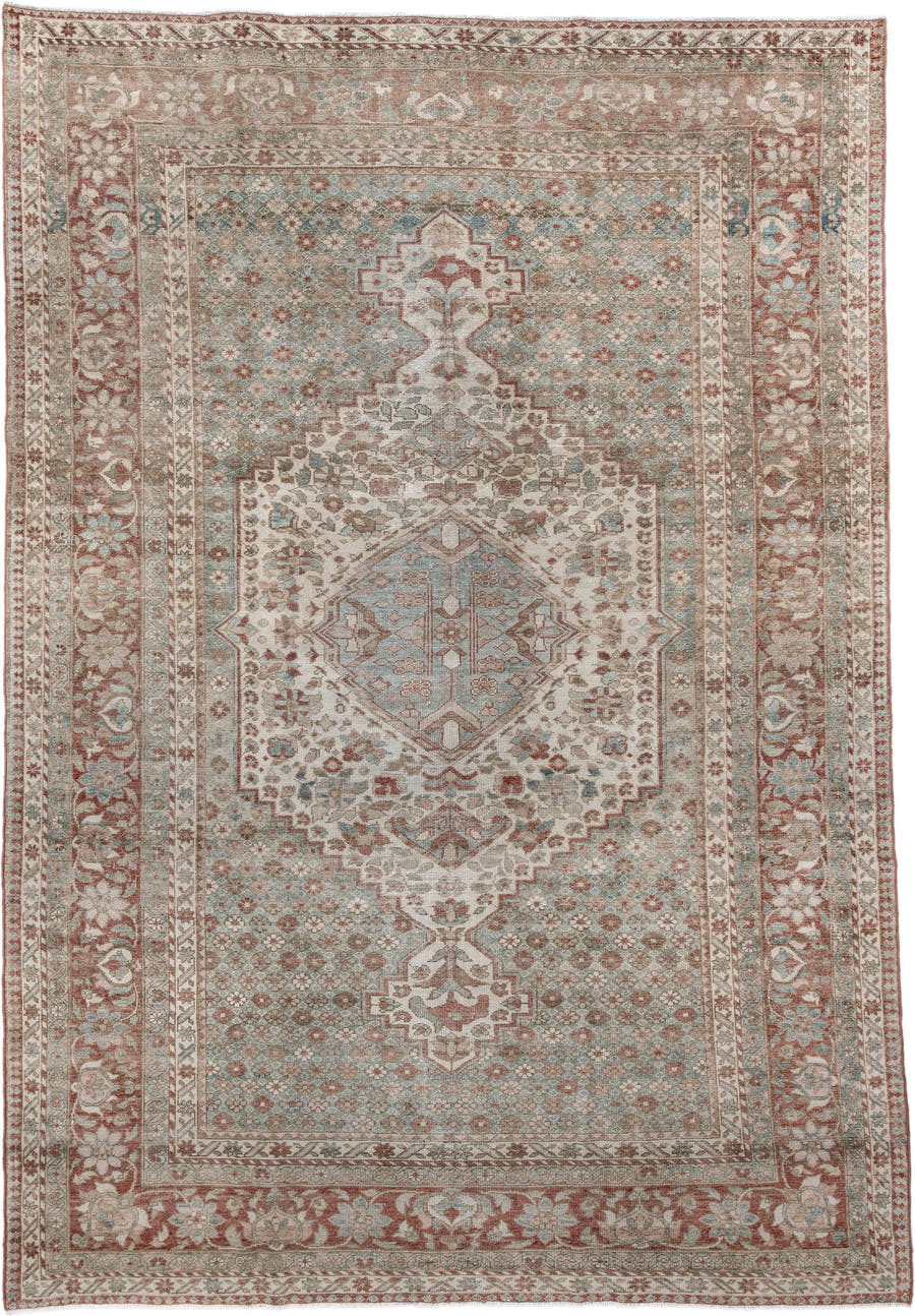 6' x 10' one-of-a-kind handmade antique Baktiary large size rug. Color palette: ivory, dusty blue, rose, taupe, terra cotta