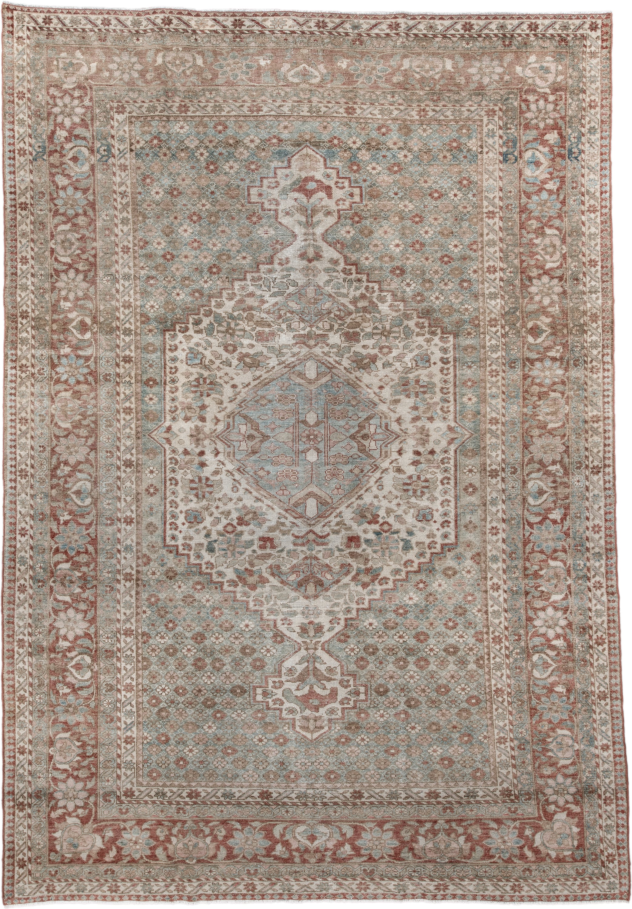 6' x 10' one-of-a-kind handmade antique Baktiary large size rug. Color palette: ivory, dusty blue, rose, taupe, terra cotta