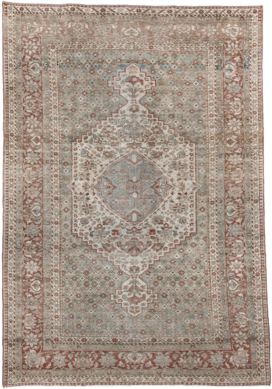 6' x 10' one-of-a-kind handmade antique Baktiary large size rug. Color palette: ivory, dusty blue, rose, taupe, terra cotta