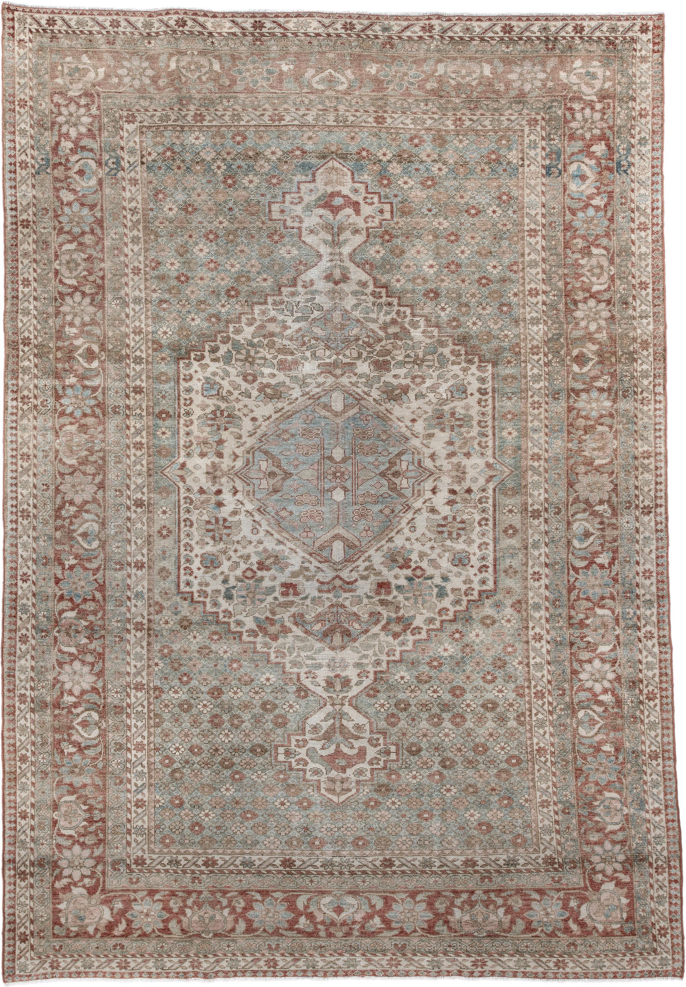 6' x 10' one-of-a-kind handmade antique Baktiary large size rug. Color palette: ivory, dusty blue, rose, taupe, terra cotta