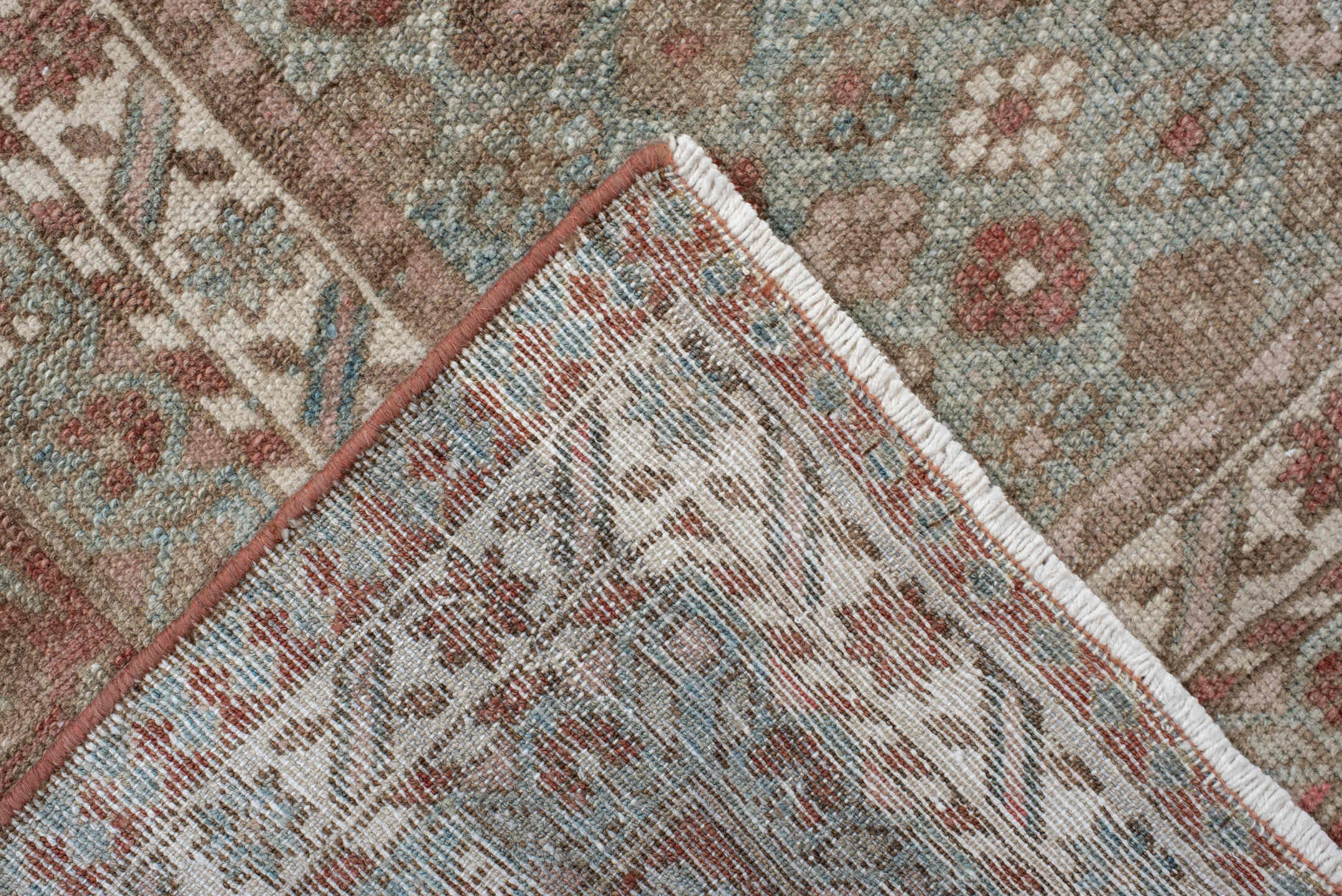 6' x 10' one-of-a-kind handmade antique Baktiary large size rug. Color palette: ivory, dusty blue, rose, taupe, terra cotta