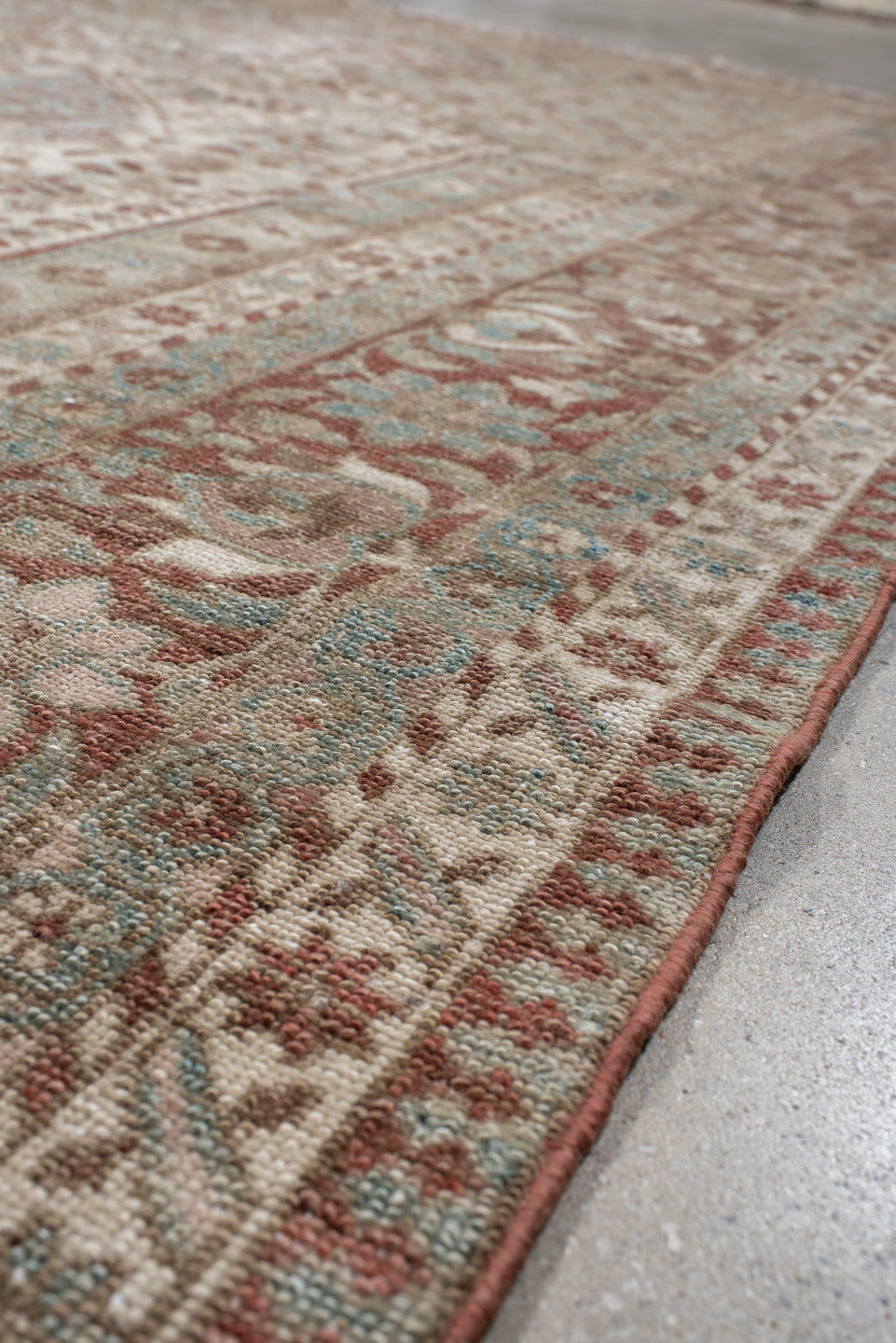 6' x 10' one-of-a-kind handmade antique Baktiary large size rug. Color palette: ivory, dusty blue, rose, taupe, terra cotta