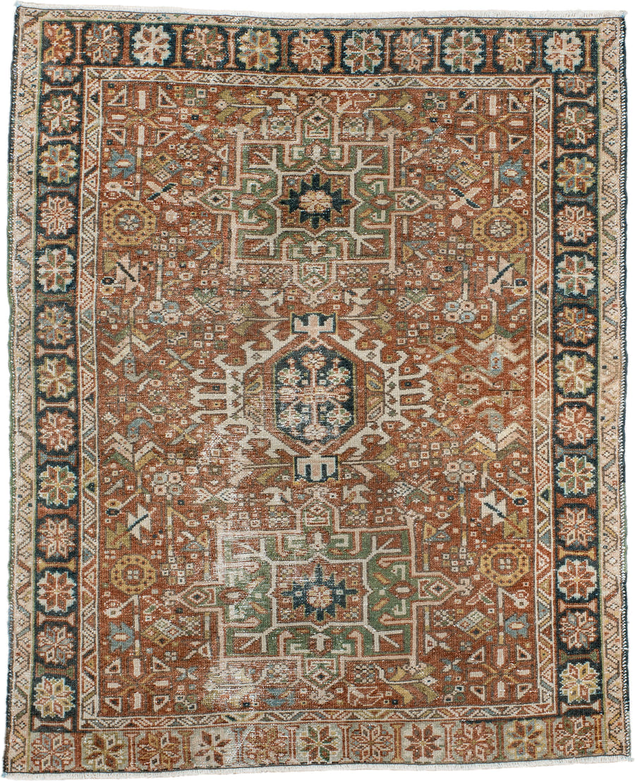 3' x 4' one-of-a-kind handmade antique Karaje small size rug. Color palette: rust, ivory, navy, sage, camel, gold
