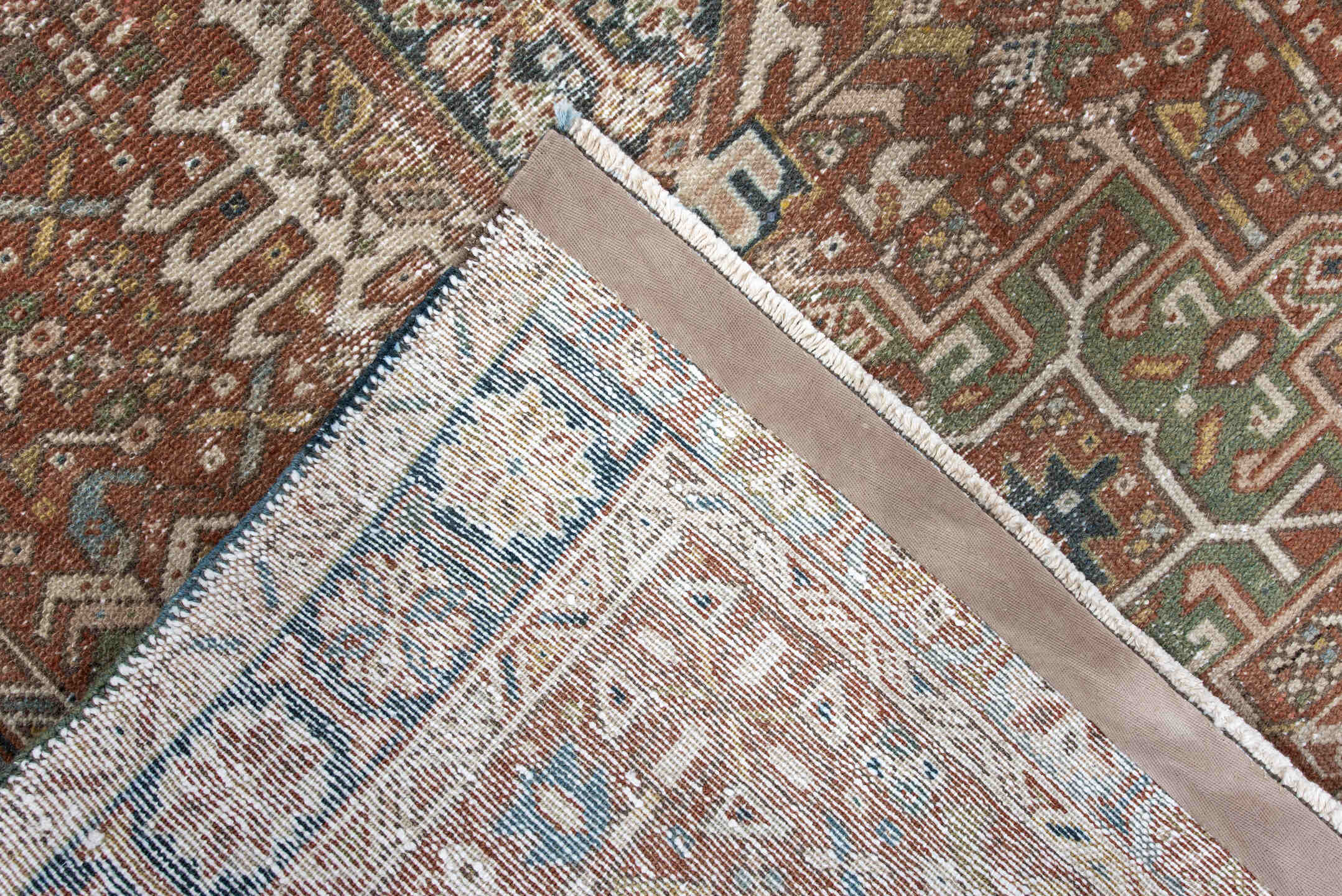 3' x 4' one-of-a-kind handmade antique Karaje small size rug. Color palette: rust, ivory, navy, sage, camel, gold
