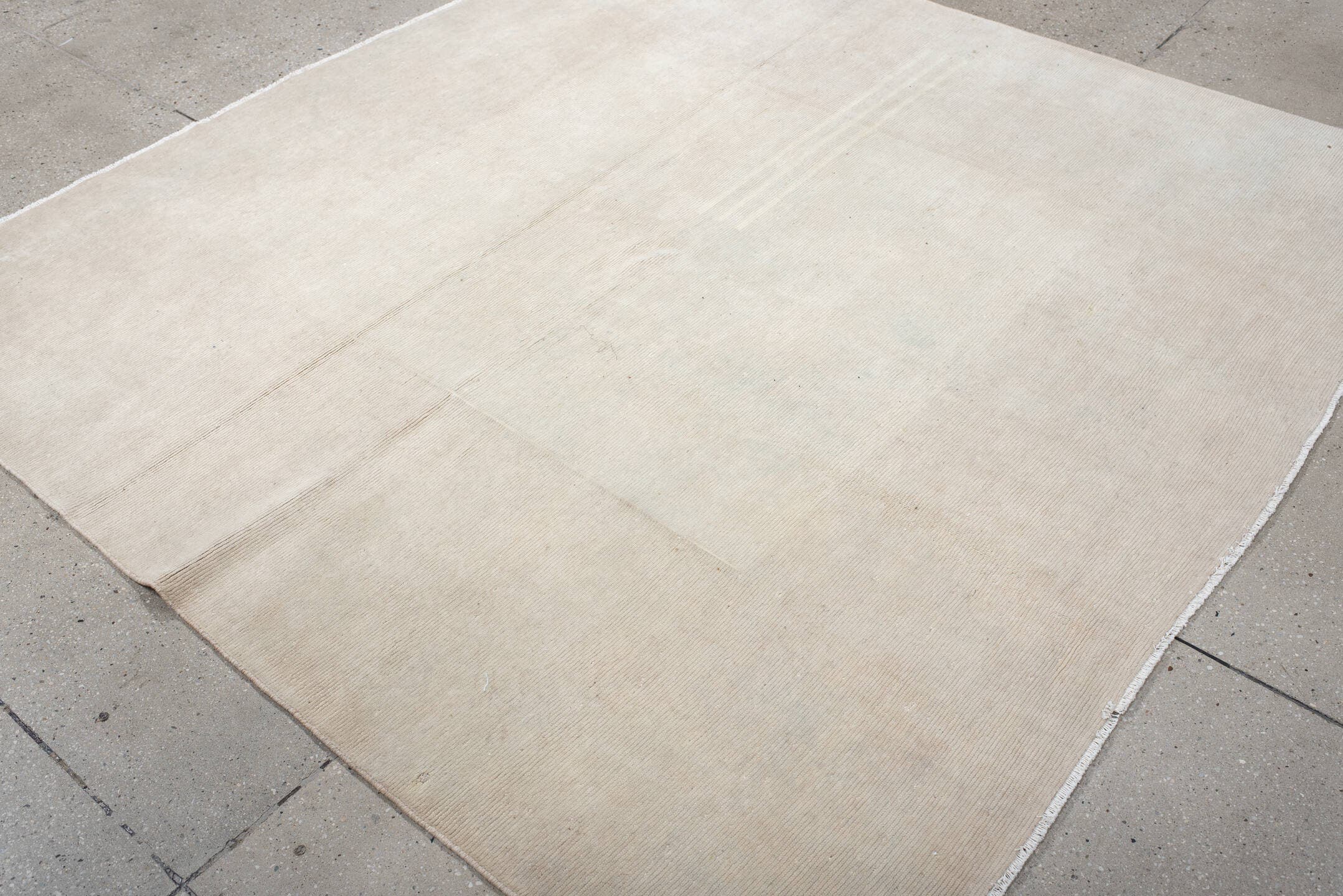 6' x 6' one-of-a-kind handmade vintage Tibetan rug. Color palette: ivory, cream, beige, taupe, gray