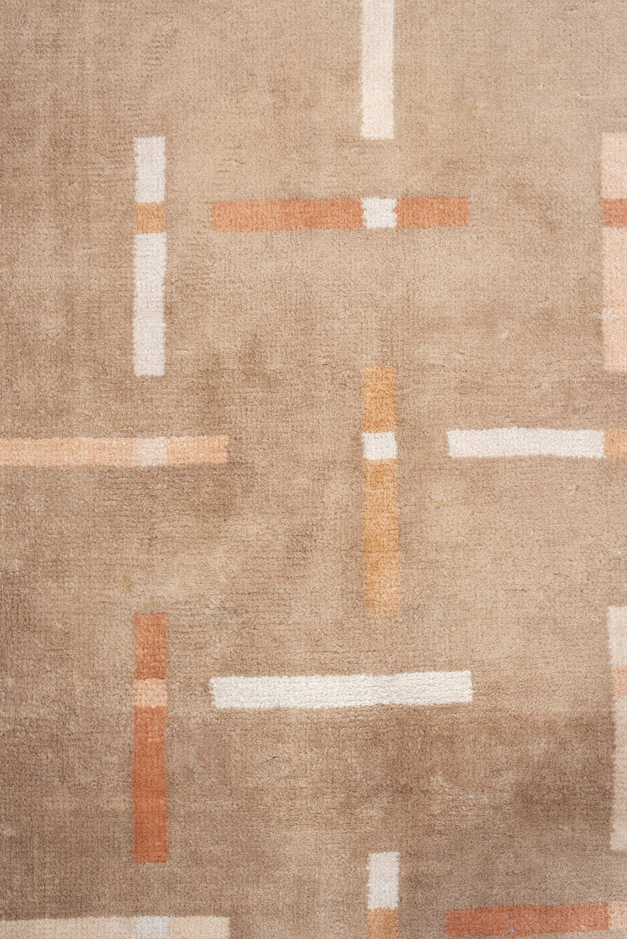6' x 6' one-of-a-kind handmade handmade Modern rug. Color palette: taupe, ivory, blush, coral, beige, gray, pink, terracotta