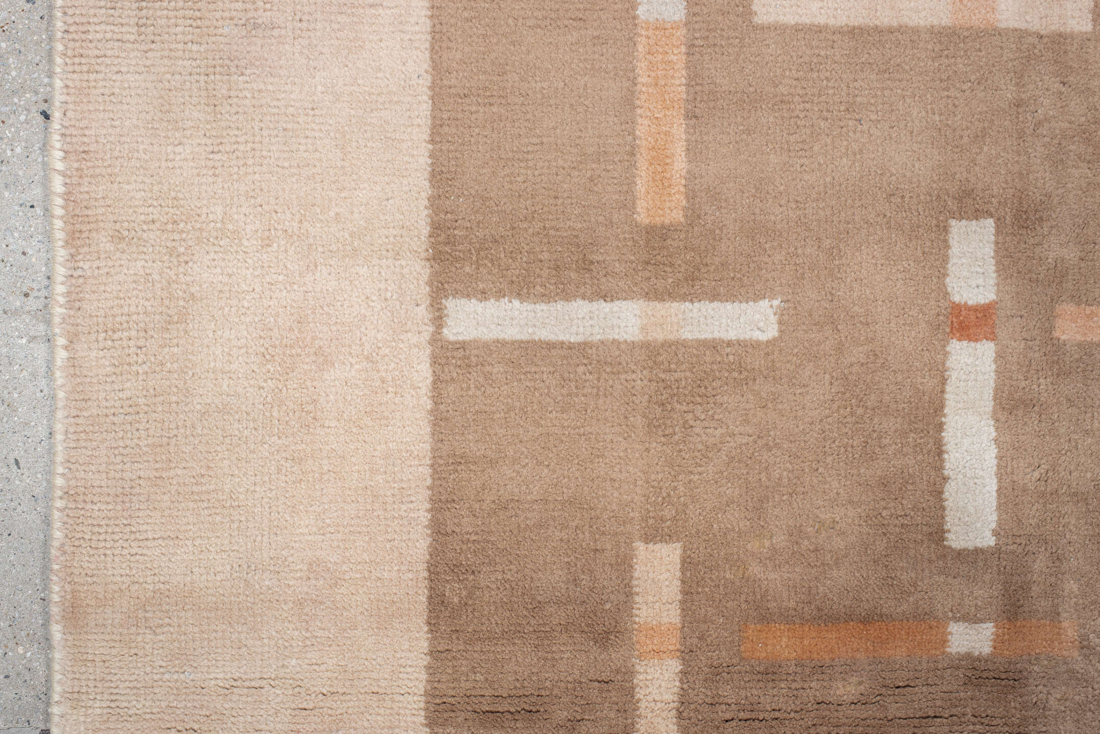 6' x 6' one-of-a-kind handmade handmade Modern rug. Color palette: taupe, ivory, blush, coral, beige, gray, pink, terracotta