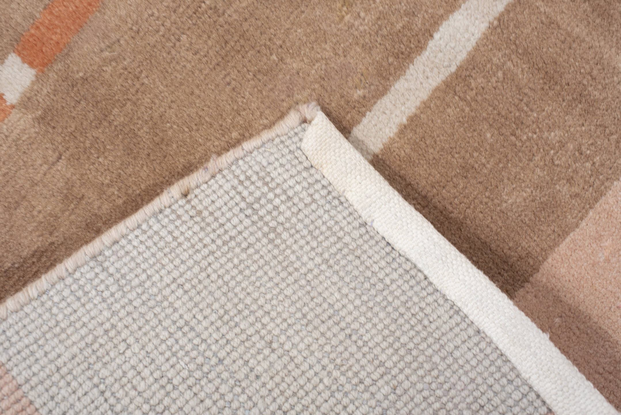 6' x 6' one-of-a-kind handmade handmade Modern rug. Color palette: taupe, ivory, blush, coral, beige, gray, pink, terracotta